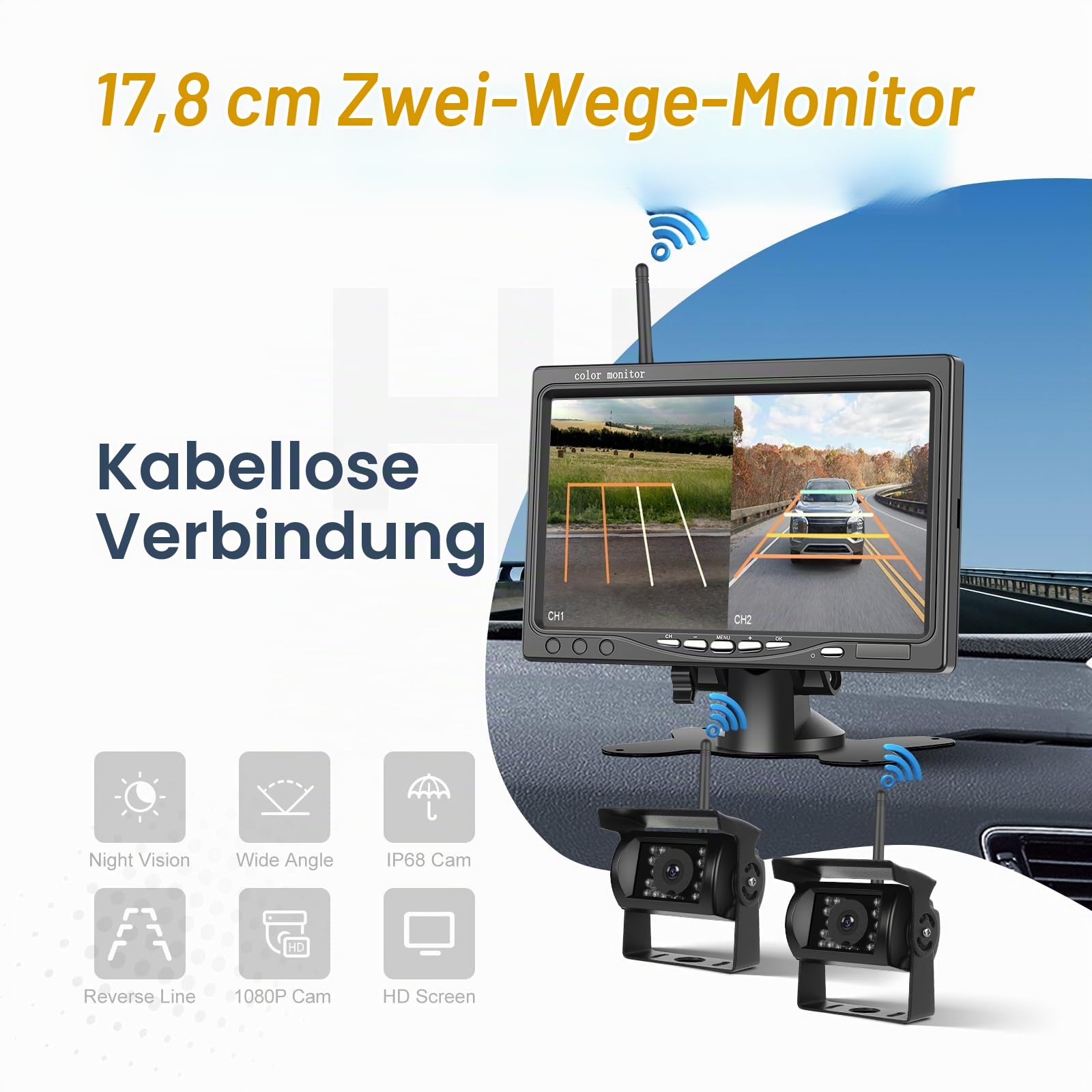 Hikity 1080P Kabellos Dual Rückfahrkamera 7'' IPS Monitor Set für RV Truck
