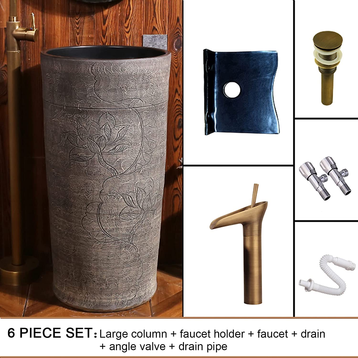 Fregadero de baño independiente con pedestal de cerámica con drenaje y grifo para interior y exterior, sin espejo