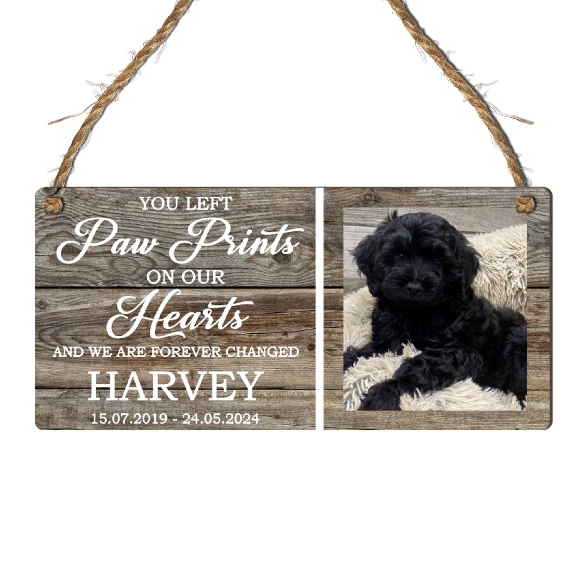Personalised Pet Photo Plaque - 'You Left Paw Prints On Our Hearts...' Hanging Sign, Perfect for Dogs, Cats, Horses, Rabbits (Mdf Wood Indoor Use Only 19cm x 9cm, Brown) — image 1