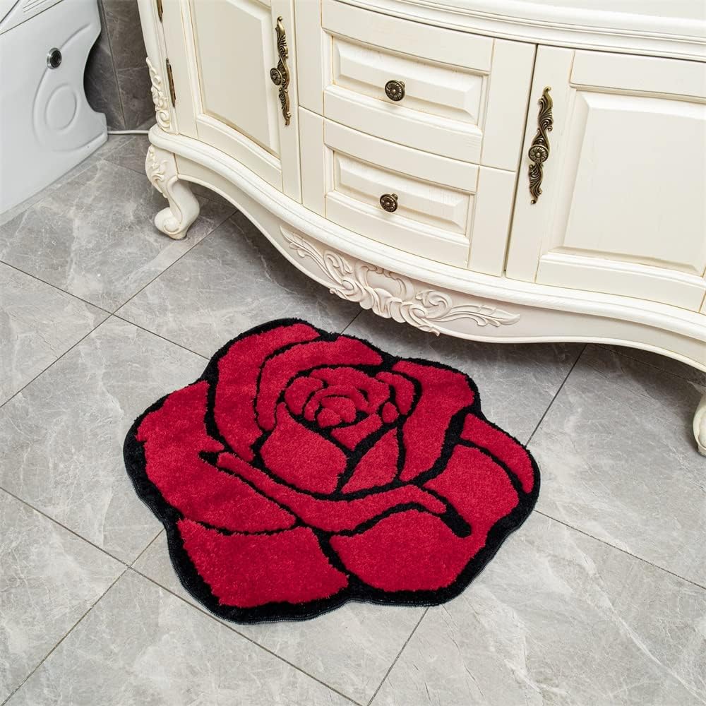 Cute Rose Bath Mat for Bathroom Luxury Red Bathroom Mats Non Slip Flower Shaped Bathtub Rug Floral Bathroom Plush Shower Rugs Washable Modern Accent Small Area Rug Toilet 23.6x25.5in