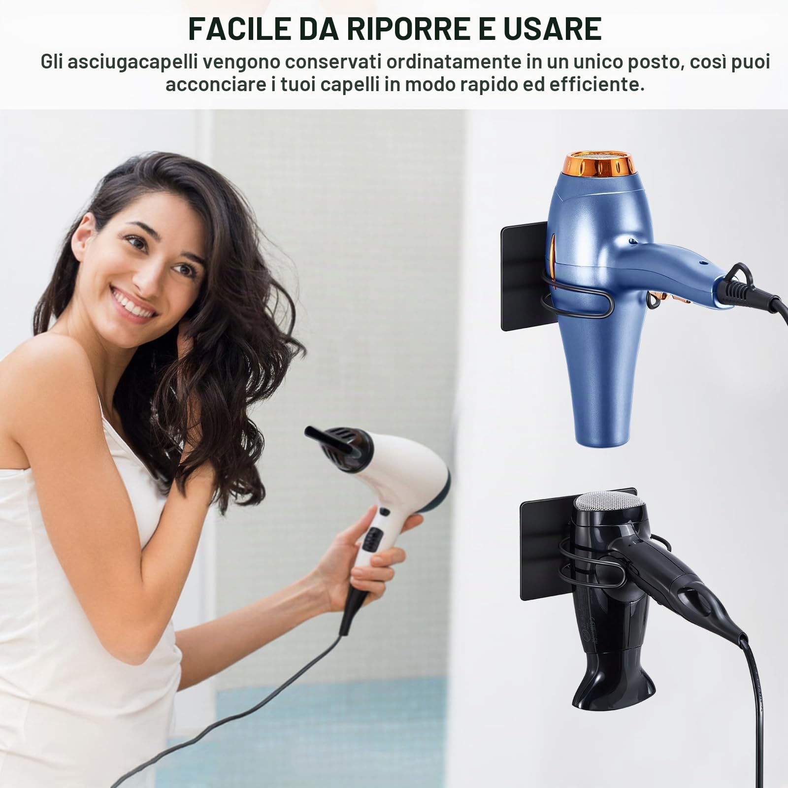 Porta Phon da Muro, porta Asciugacapelli Adesivo, Supporto Phon, porta Phone Bagno da Muro, Supporto Asciugacapelli, Nero