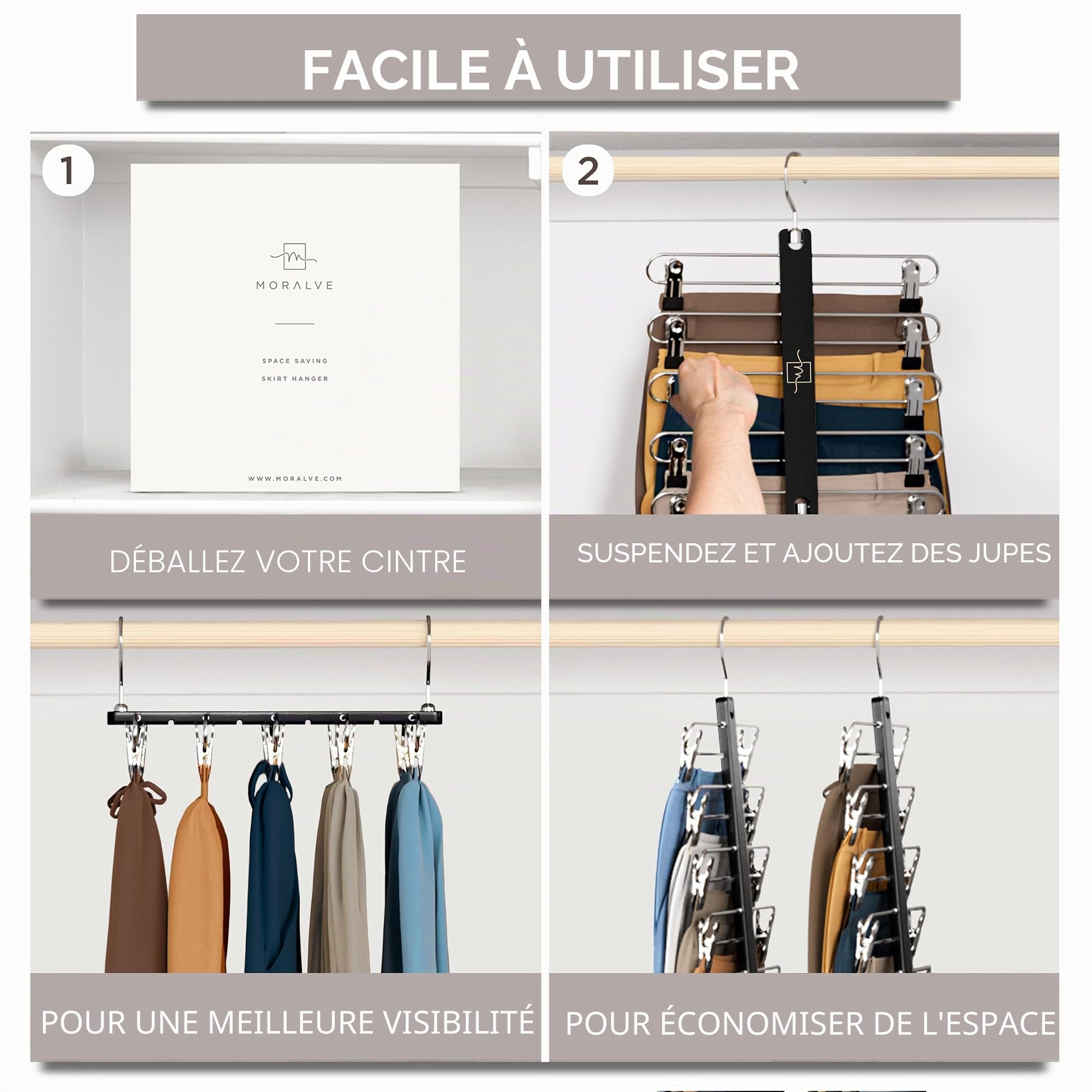 MORALVE Lot de 2 cintres à jupes avec clips pour économiser de l'espace – Cintre à 5 niveaux en hêtre européen pour shorts, jupes et pantalons – Organiseur de placard