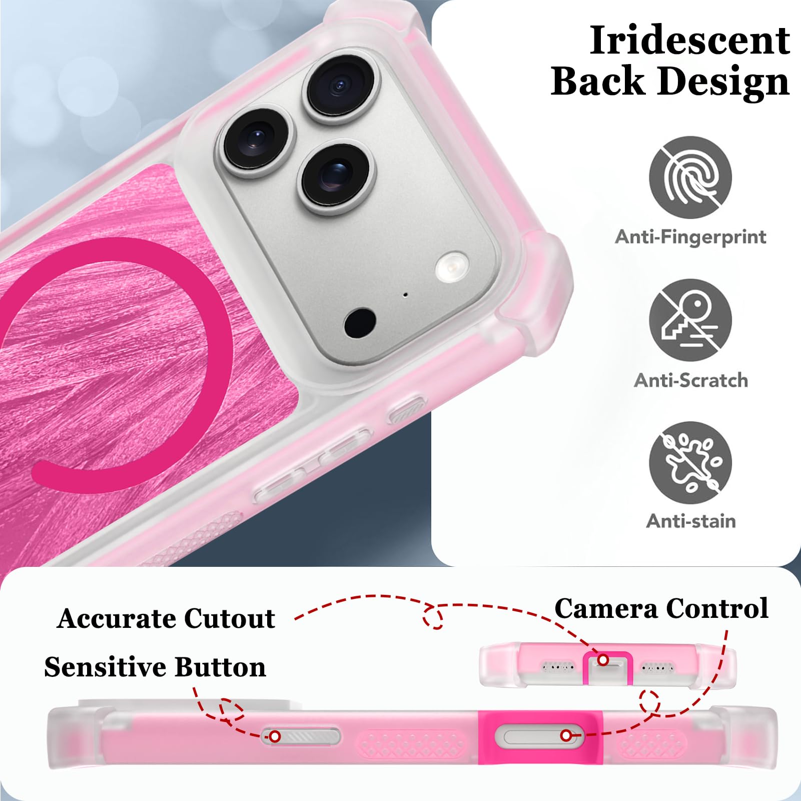 SOKAD Custodia magnetica per iPhone 17 Pro, compatibile con Magsafe, graziosa parte posteriore iridescente glitterata per donne e ragazze, cuscino angolare 2 in 1, resistente, protezione contro le