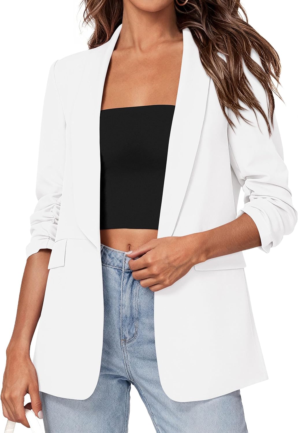 PRETTYGARDEN Women's 2026 Spring Blazers Business Casual Outfits Open Front Ruched 3/4 Sleeve Lightweight Work Suits Jackets