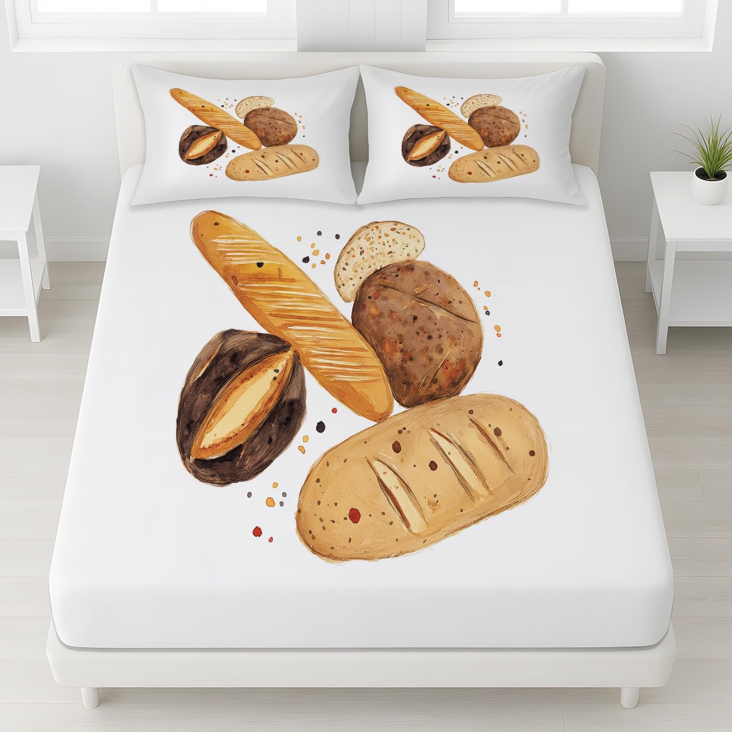Französisches Baguette-Brot, Gebackenes Brot Spannbettlaken 160 x 200 cm - Bettlaken Pflegeleicht, Harmonische Malerei, Realistisch, Bettwäsche-Set, 3-teiliges Gemütliches Gästezimmer