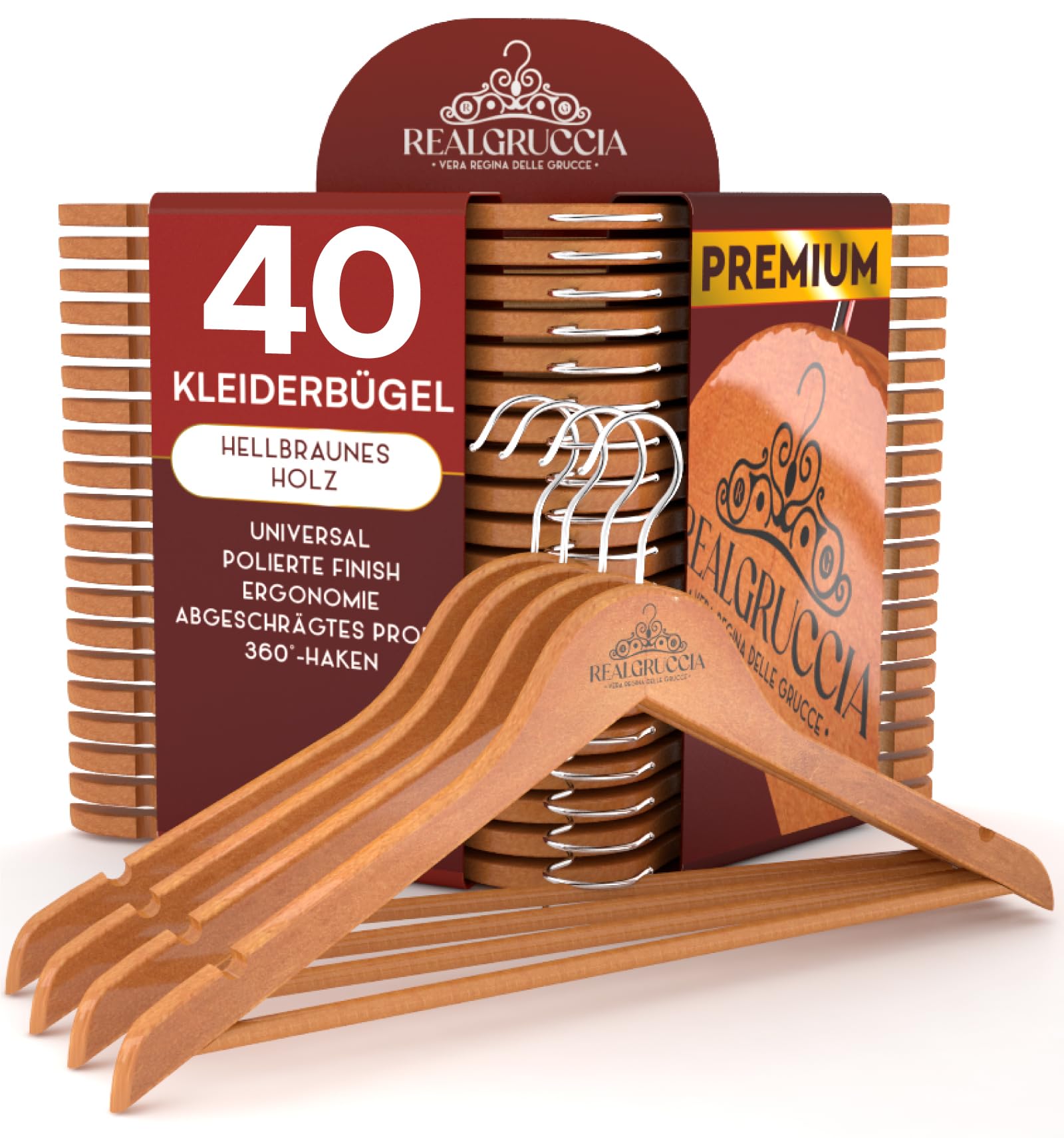 40 Kleiderbügel aus Holz Anti-Rutsch-Einkerbungen Holzbügel RealGruccia Farbe Hellbraun Hosensteg von Hosen Anzügen Hemden - Polierter Oberfläche Drehbaren Hakens und Abgeschrägte Profile - 22x45cm