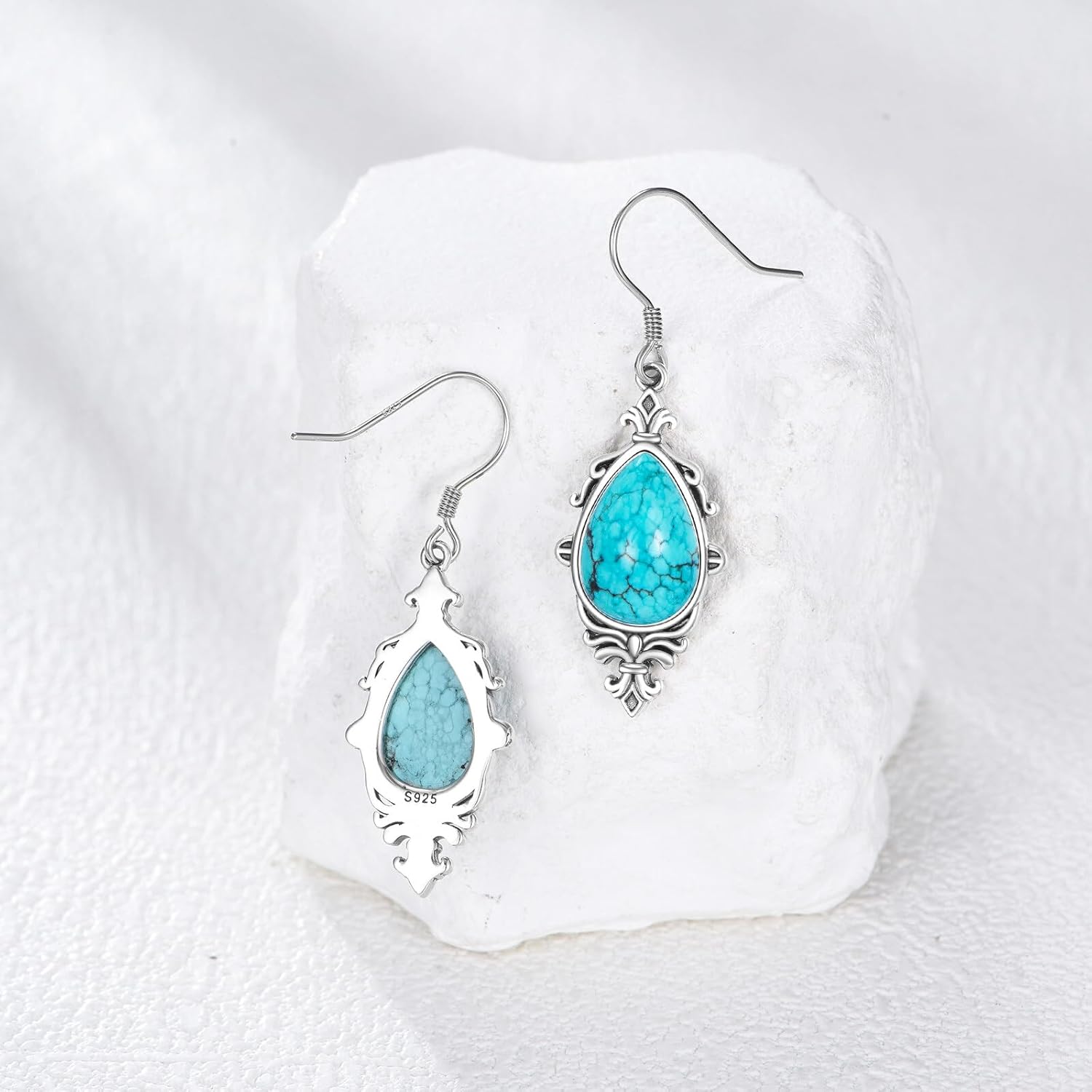 Genuine Turquoise Vinatge Earrings, Sterling Silver Vintage Native American Western Boho Teardrop Earrings Jewelry for Women - Image 3