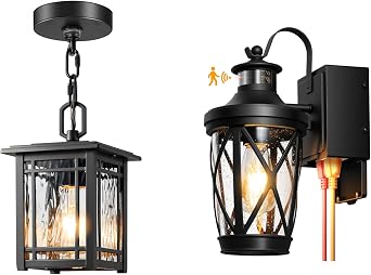 Black 1-Pack 5.7in Outdoor Hanging Lights for Porch, Lantern Pendant Light with Adjustable Chain, 1-Pack Motion Sensor Porch Light with Outlet, Outside Wall Light Fixture with GFCI Outlet