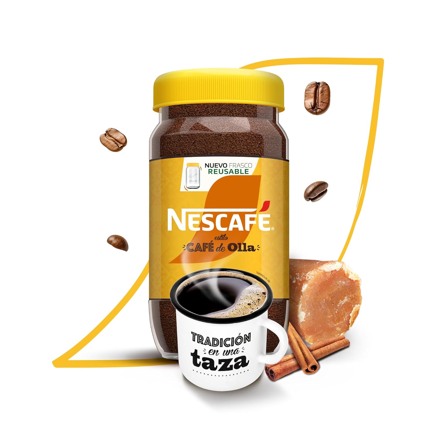 Nescafe Cafe De Olla Instant Coffee jar with coffee beans, cinnamon sticks, and a cup of coffee