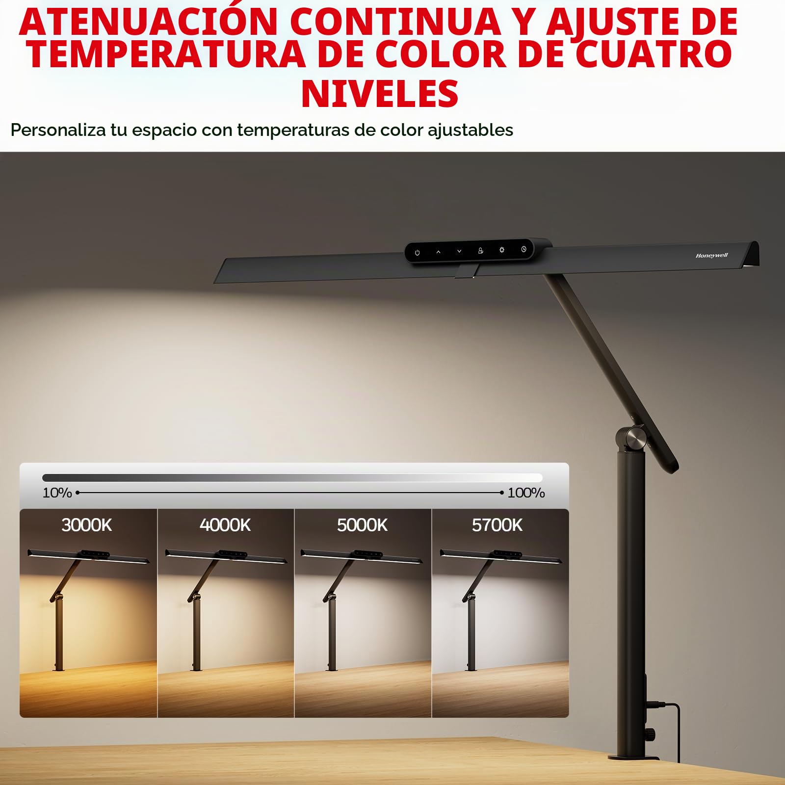 LED-Klemmleuchte Honeywell HJ1 Sunturalux 1200LM für Homeoffice | CRI≥97, 3000K-5700K, geringes Blaulicht, flimmerfrei, dimmbare Tischleuchte für Computer, Schwarz