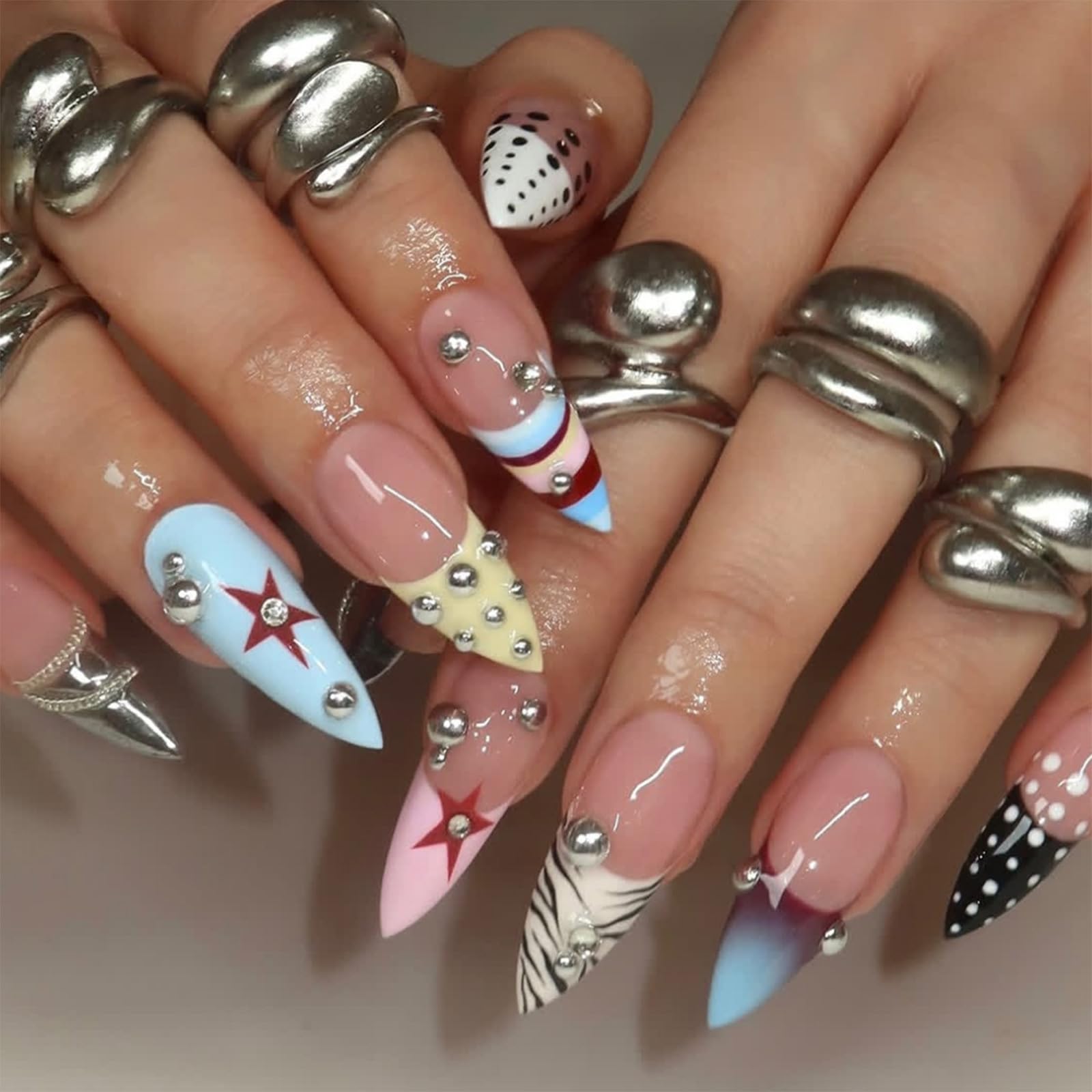 fexxkg False Tip Manicure Set 24 Pieces Artificial Nails With Long Almond Shape, Reusable ABS Tips, Star Stripe Dot And Bead Ar