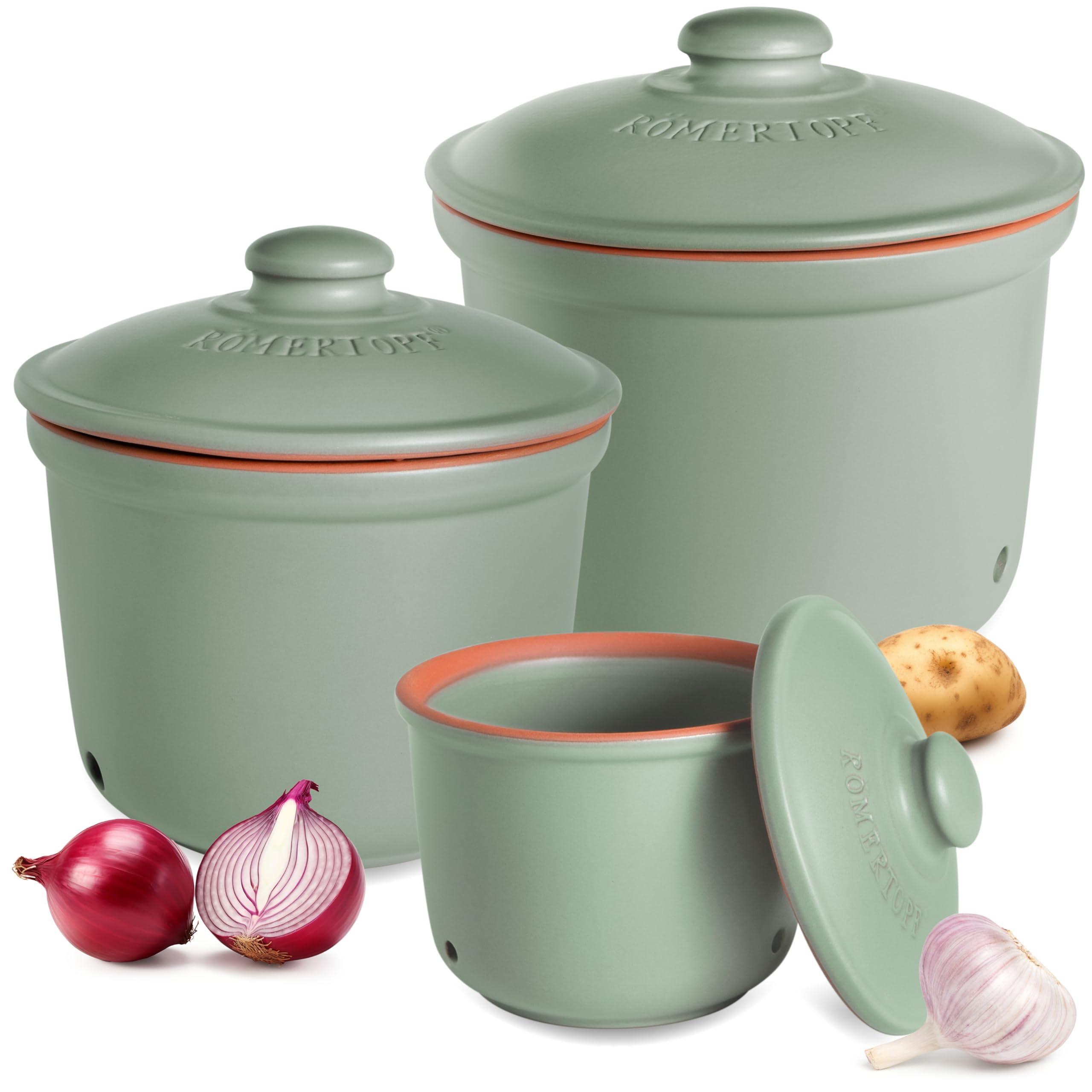Romertopf Kartoffeltopf & Zwiebeltopf 3er Set – Vorratsdosen aus Keramik für Kartoffeln, Zwiebeln & Knoblauch – atmungsaktiver Ton hält Gemüse länger frisch – Grün
