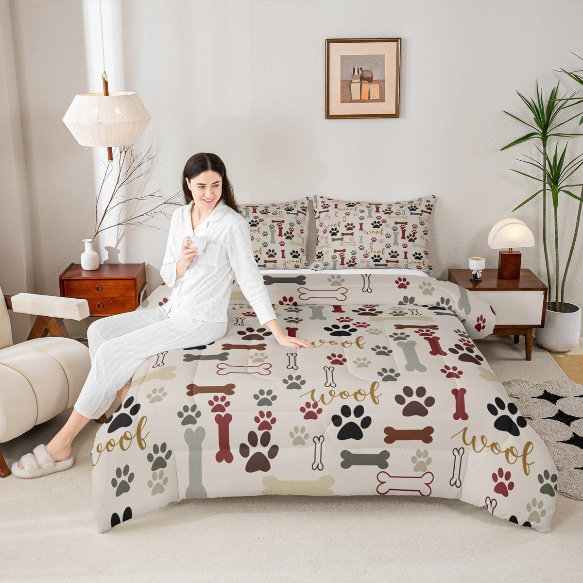 Homewish Dog Paw Print Comforter Set Twin Size,Bone Pattern Bedding Set 2pcs for Kids Teens Girls Boys Room Decor,Pet Animal Quilt Set Cartoon Duvet Insert with 1 Pillowcase