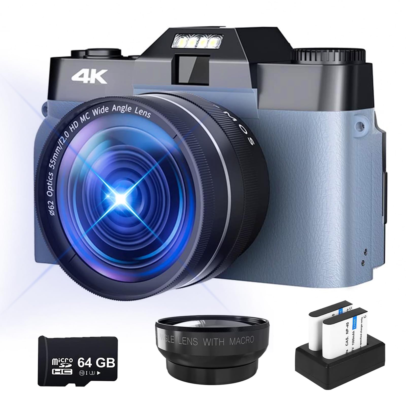 GN Digital Cameras for Photography, 4K 48MP Vlogging Camera 16X Digital Zoom Manual Focus Rechargeable Students Compact Camera with 64G TF Card and 2 Batteries (Gray)