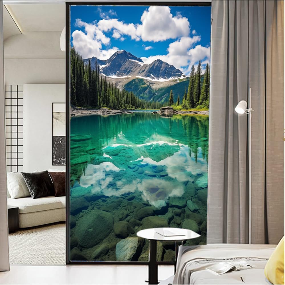 Crystal Clear Lake Window Film Decorative Mountains and Trees Photo Stained Glass Window Film Sun Blocking Heat Control No Glue Window Covering Film for Home Office 90 x 140 cm