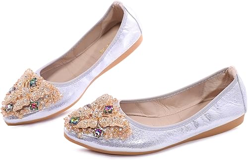 Miniatura 2 de VYKF Womens Ballet Flats Foldable Rhinestone Pointed Toe Comfortable Slip on Wedding Flat Shoes Dress Flats for Women