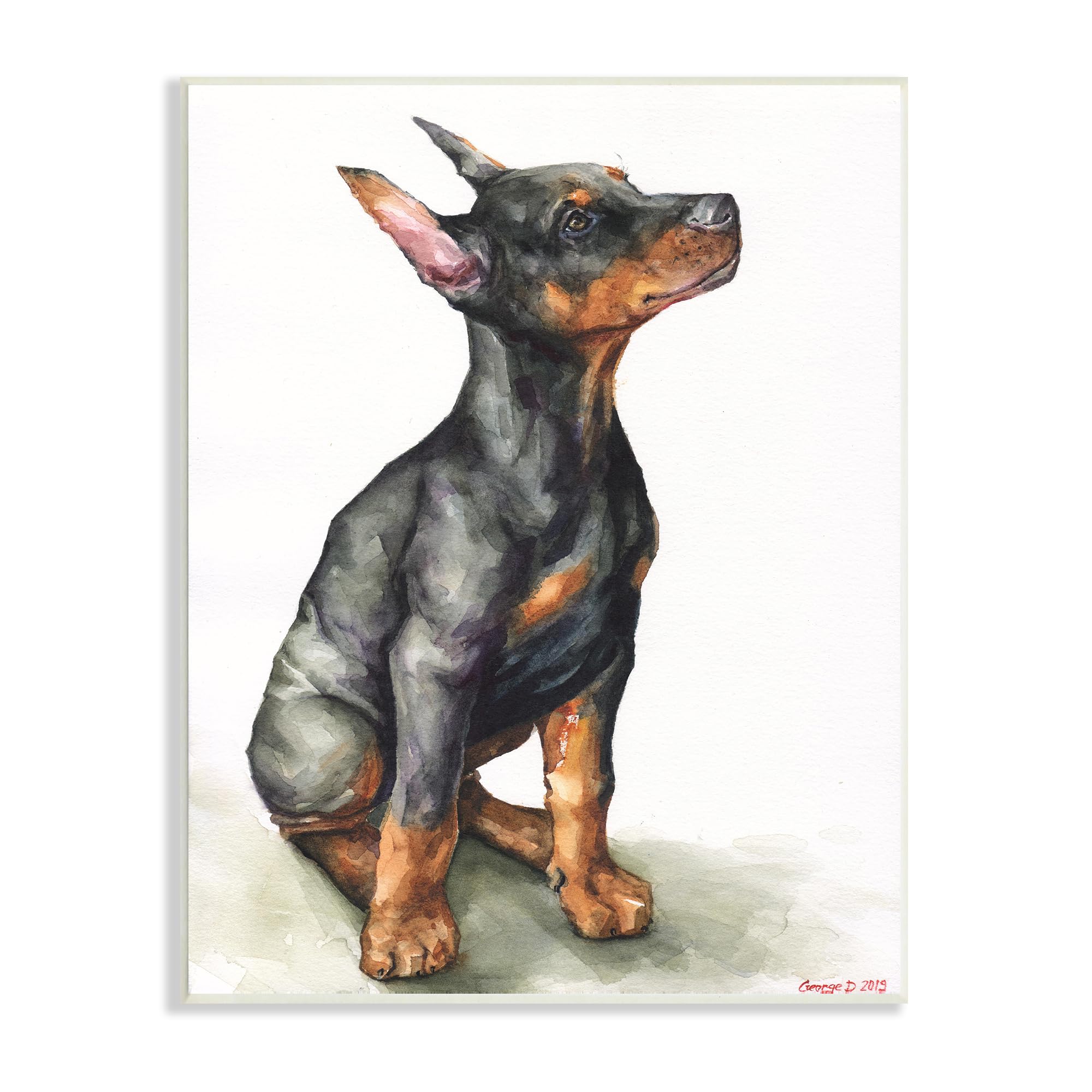 Stupell Industries Doberman Puppy Dog Pet Animal Watercolor Painting Carteles y Placas, Madera MDF, Multicolor