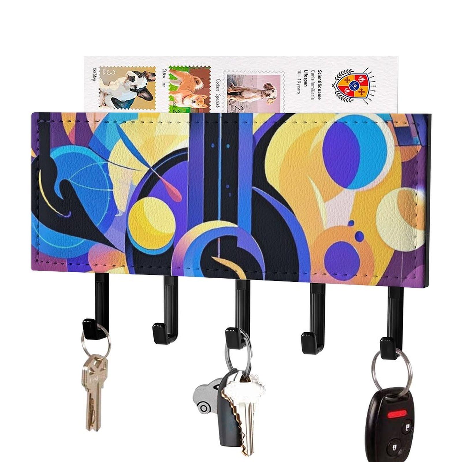 FekiLoot Abstract Music Themed Key Holder Wall Mount Key Hanger with 5 Hooks Decorative Key Rack Hanging Key Hooks with Mail Organizer Key Holder for Wall Living Room Kitchen Bathroom Hallway Black