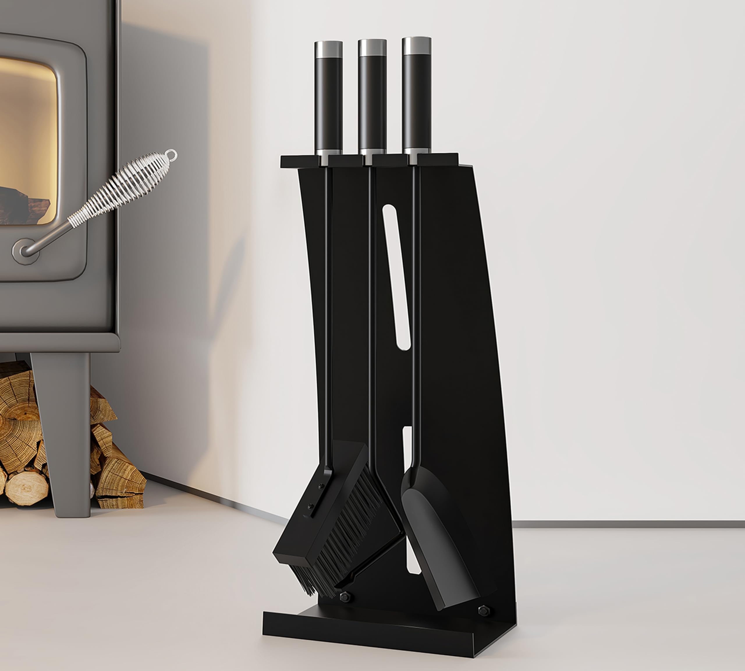 Kingson Juego de herramientas para chimenea de 4 piezas con asas compuestas, juego de accesorios para chimenea con recubrimiento en polvo negro, 54,5 cm de altura