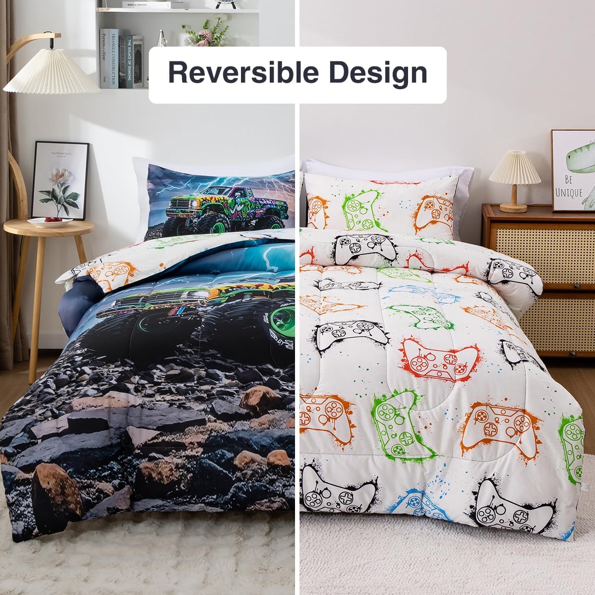 Holawakaka Boys Girls Twin Size Lightening Truck Print Bedding Comforter Set with Sheets, Racing Car Printed Bed in A Bag 5 Pieces Kids Dorm Reversible Bed Sets,Twin