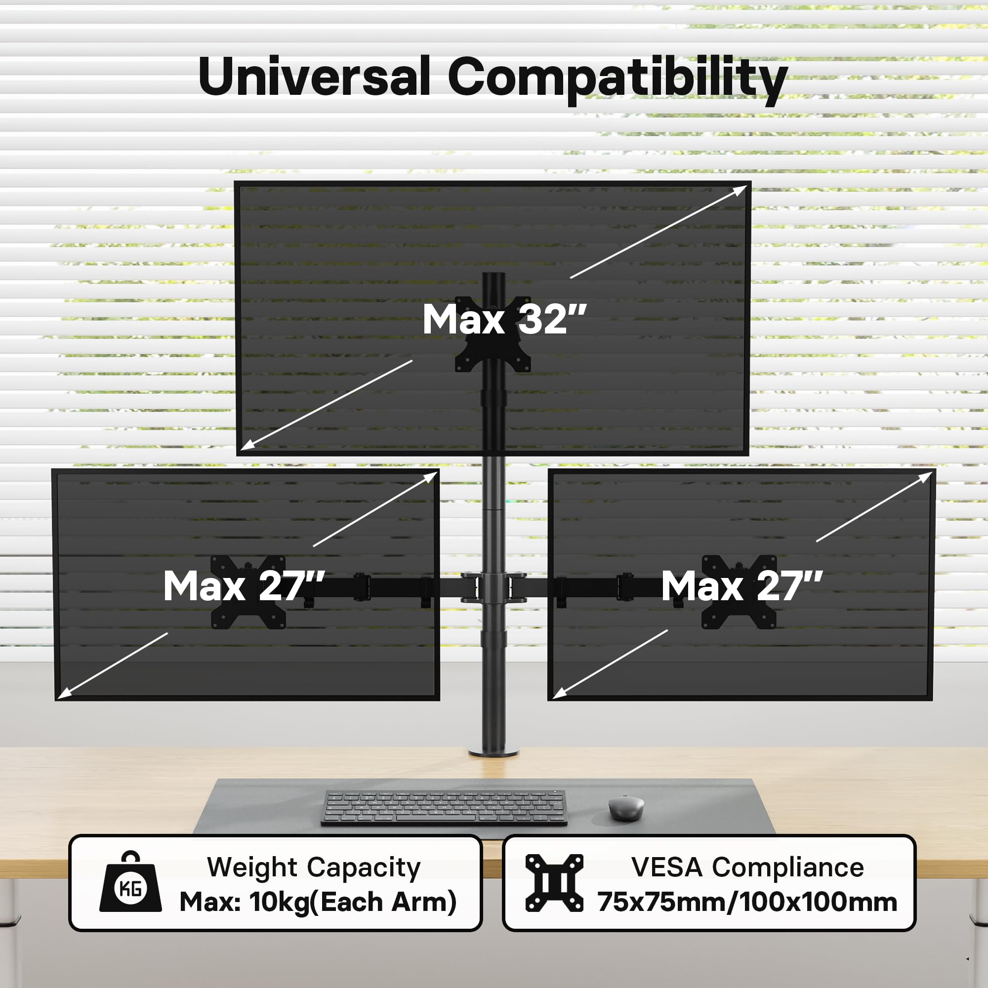 BONTEC Soporte para Monitor Triple, Para 1 Pantalla de 32 Pulgadas y 2 de 27 Pulgadas, Soporta 10 kg, Brazo con Ajuste de Movimiento Completo, VESA 75/100mm, Soporte de Escritorio para Oficina, Gaming
