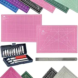 Kit Base de Corte A3 30x45cm Multiuso Costura Artesanato Patchwork Desenho Jogo Estilete Precisão 13 Peças Regua Metal 30cm (Rosa)