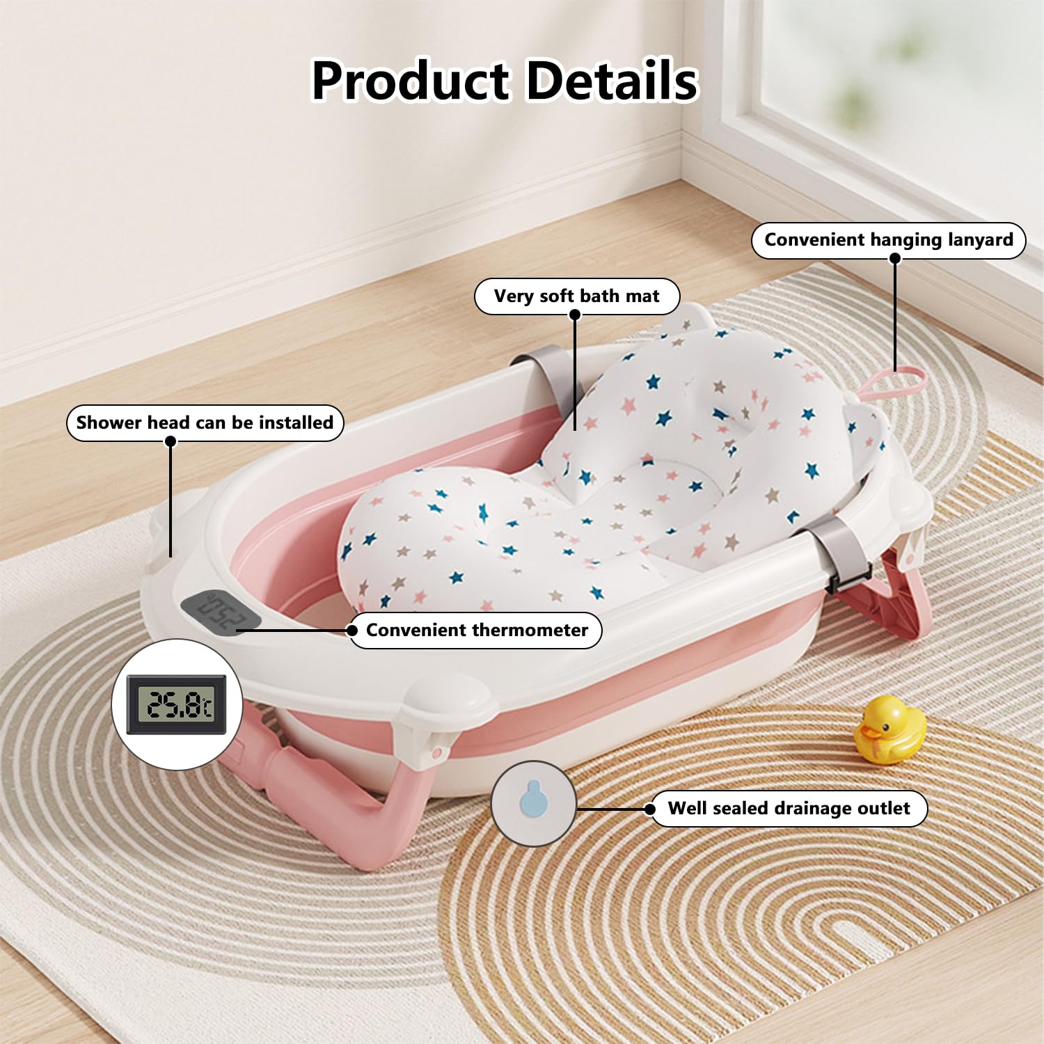 SWANEW Vaschetta Da Bagno Pieghevole Con Termometro E Cuscino Da Bagno Vaschetta Da Bagno Pieghevole 605 Cm Rosa 87610455