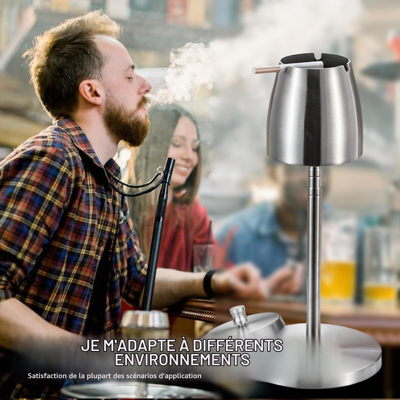 Cendrier de sol réglable en acier inoxydable : extérieur, extensible en hauteur 34-68 cm, cendrier de sol réglable avec couvercle et fond antidérapant, argenté