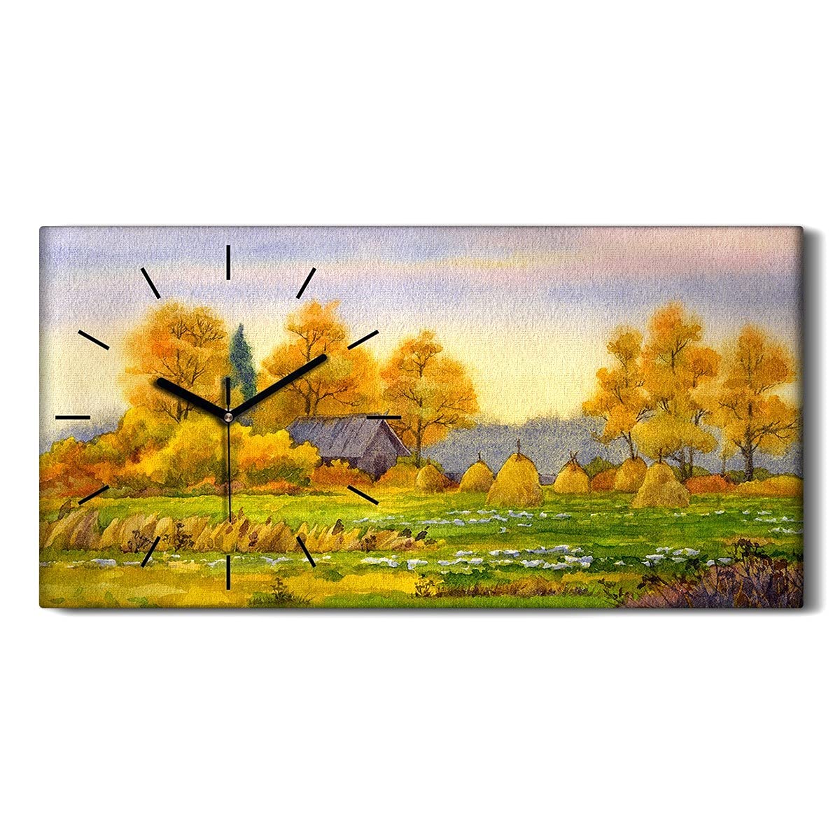 Horloge sur Toile 60x30cm sans Tic-Tac Motif Automne à la Campagne avec Aiguilles Noires