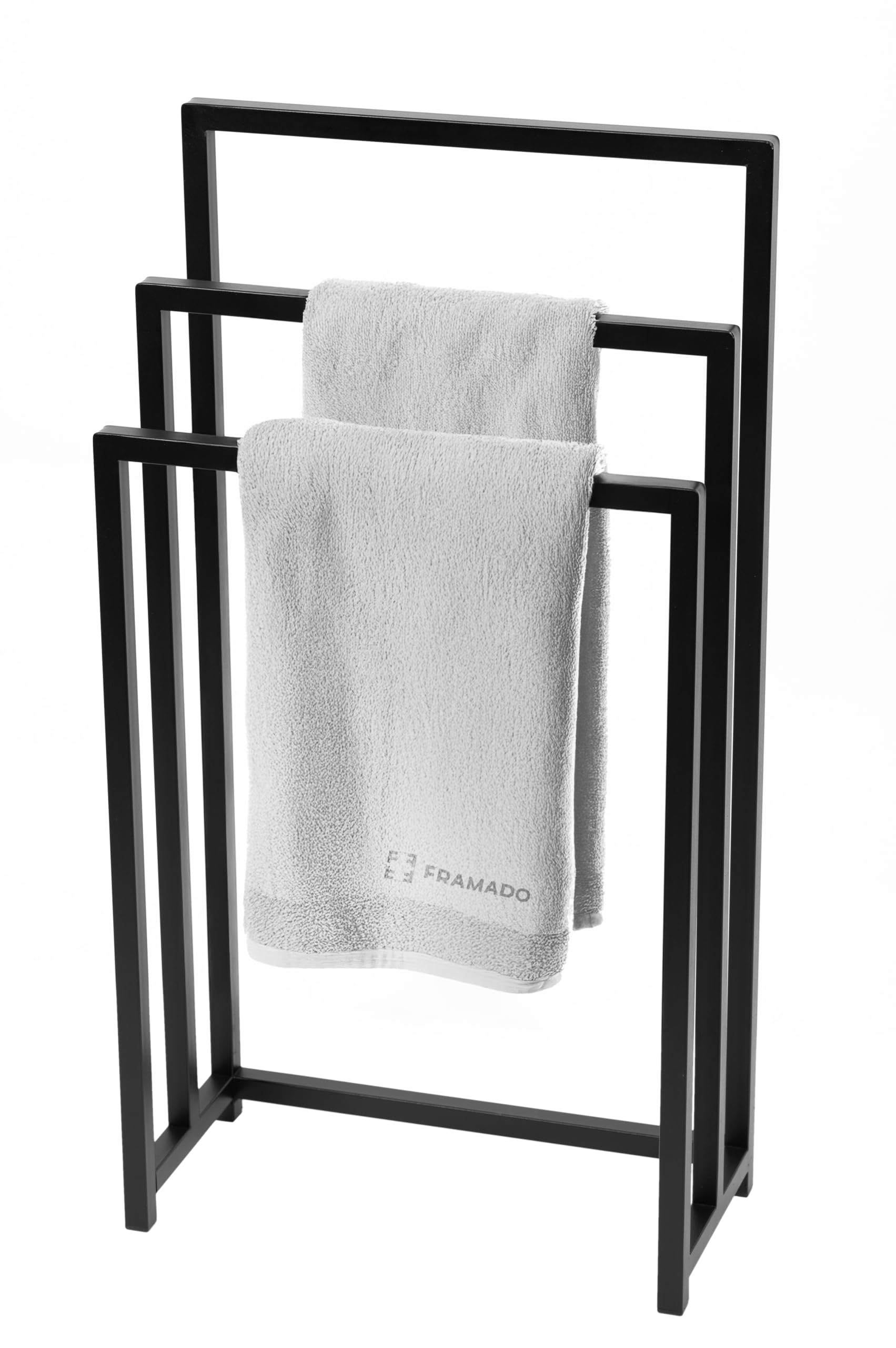 Portasciugamani Autoportante - Portasciugamani in Piedi - LxPxA 45x21x85cm - in Metallo, con 3 Barre e Cuscinetti Antiscivolo, Robusto, Prodotto UE, Non Richiede Montaggio - SOLID Nero