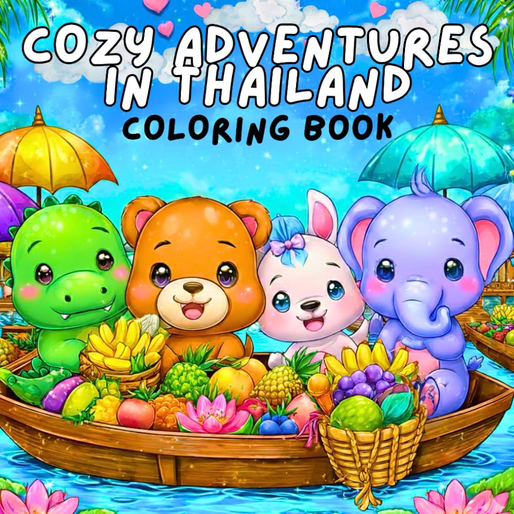 Cozy Adventures in Thailand Coloring Book: A Hidden Gems Coloring Book Featuring Cute Animal Travelers Exploring Secret Beaches, Mountain Views and Local Thai Life