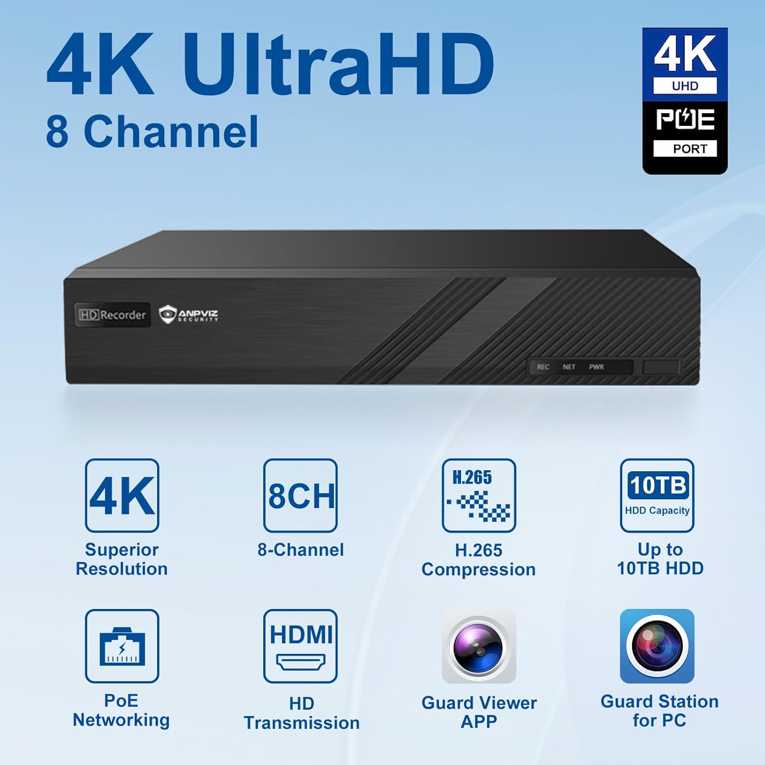 Diagram showing 4K UltraHD, 8 Channel, H.265, 10TB HDD capacity, PoE Networking, HDMI, Guard Viewer APP, and Guard Station for PC.
