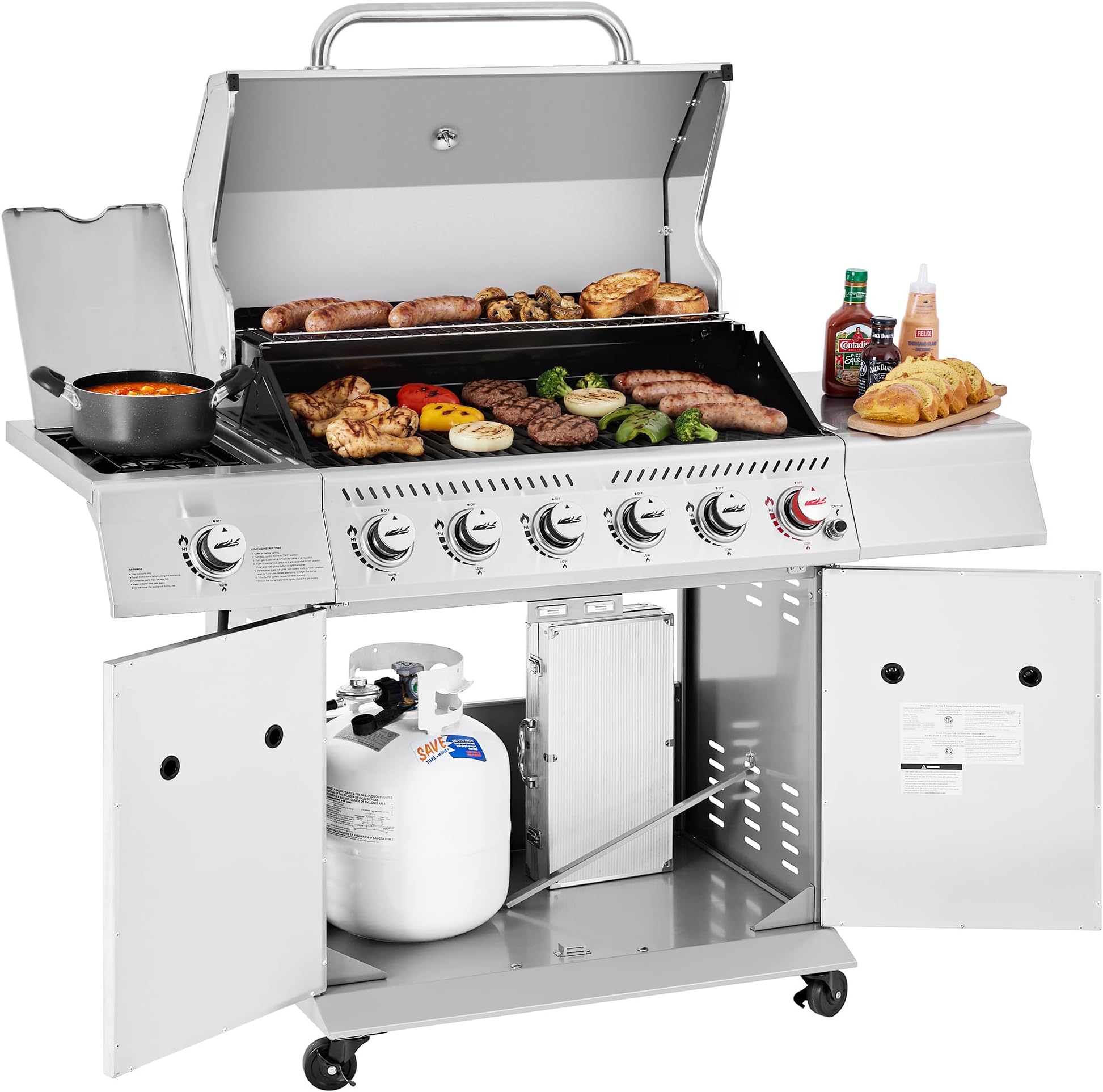 GA6402S 6-Burner Propane Gas Grill with Side Burner, Silver | Totaling 74,000 BTU of Cooking Power | Cabinet Style Outdoor BBQ Grill | Perfect for Barbecue Grilling & Backyard Cooking