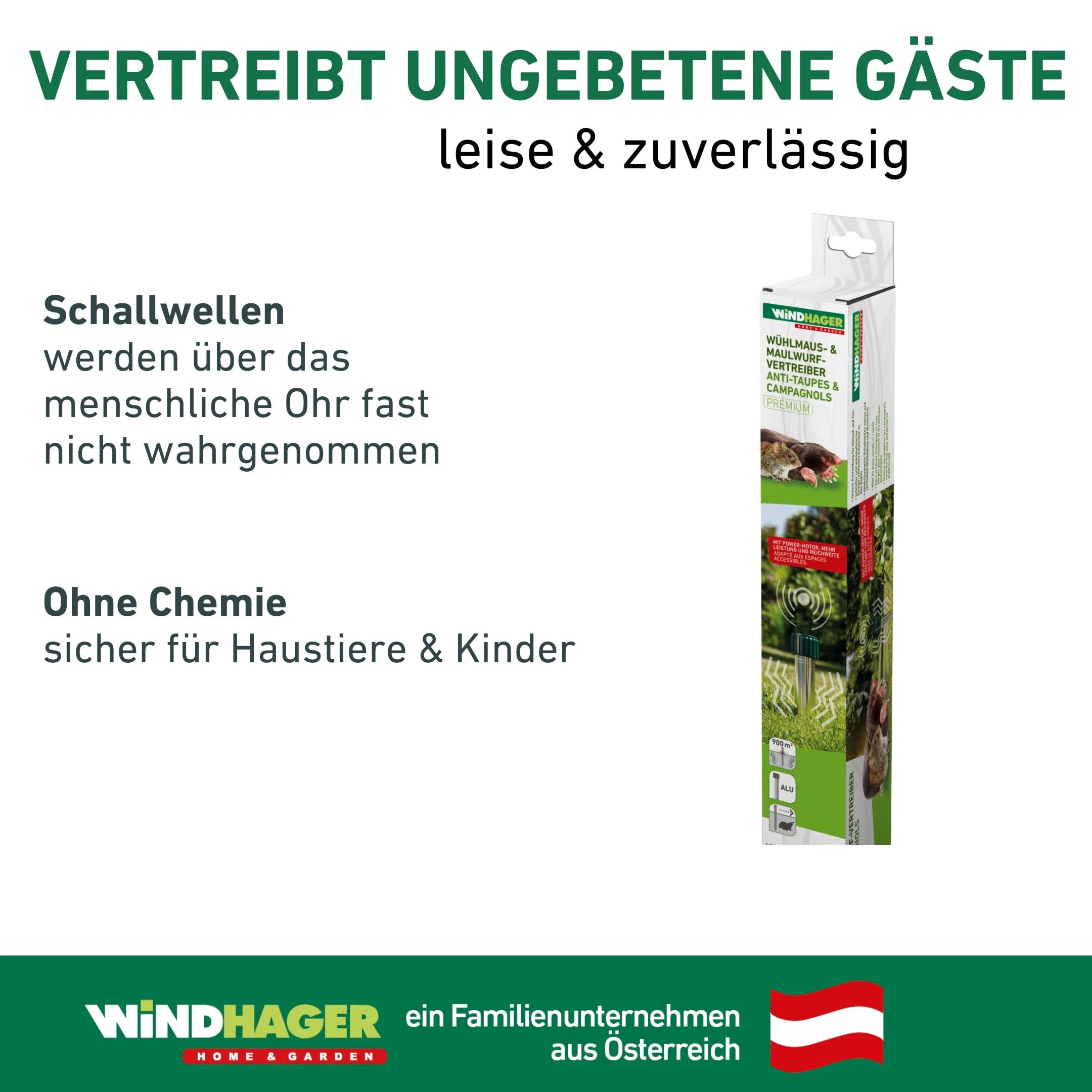 Windhager Maulwurfschreck Alu+ 5 Star Premium, Silber, Wirkungsbereich bis zu 900 m², Silber, batteriebetrieben, mit niederfrequenten Schallwellen, 02130