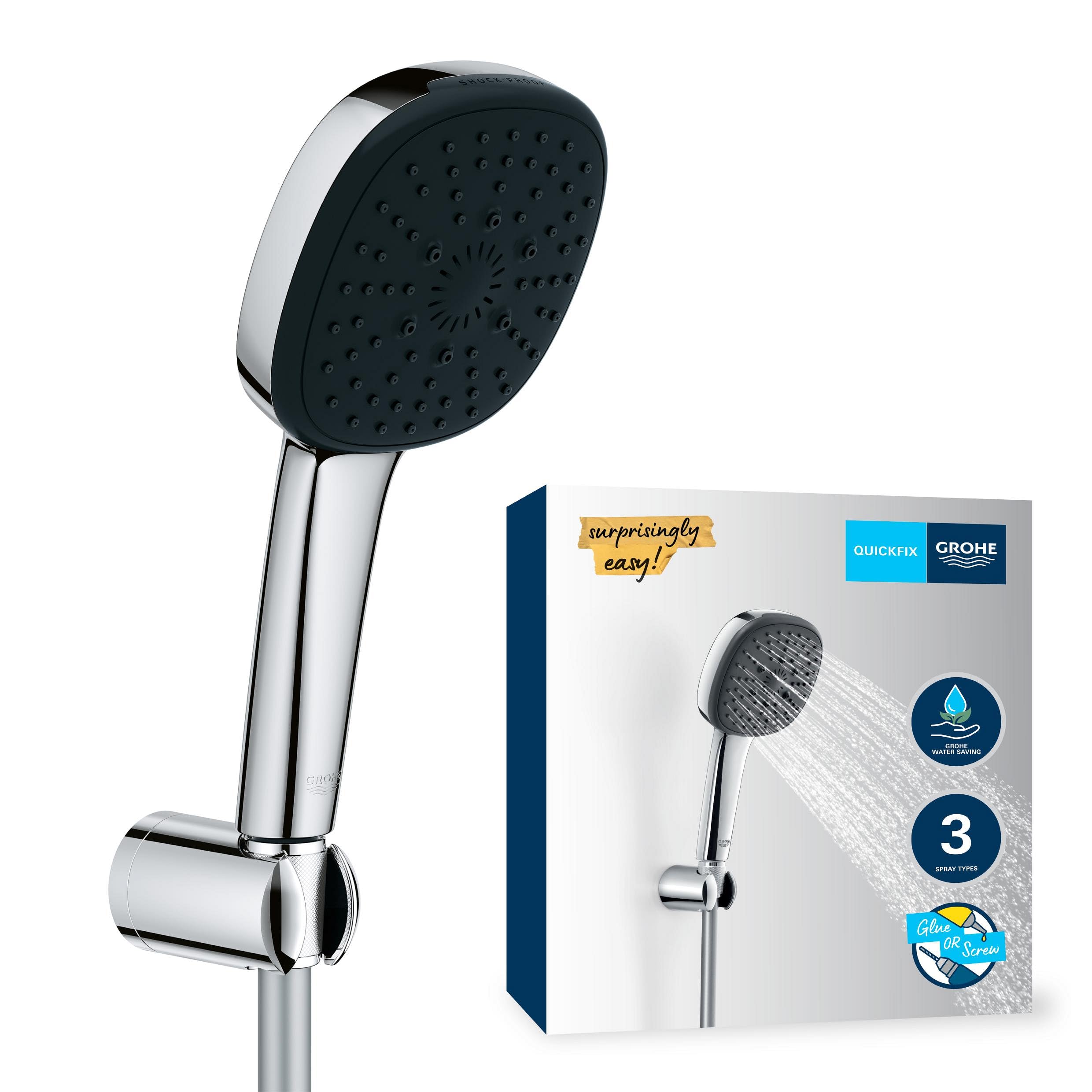 GROHE Vitalio 26176001 słuchawka prysznicowa z wężem i uchwytem, oszczędność wody, 8 l na min (słuchawka prysznicowa 3 rodzaje strumienia, uniwersalne przyłącze, słuchawka prysznicowa z wężem