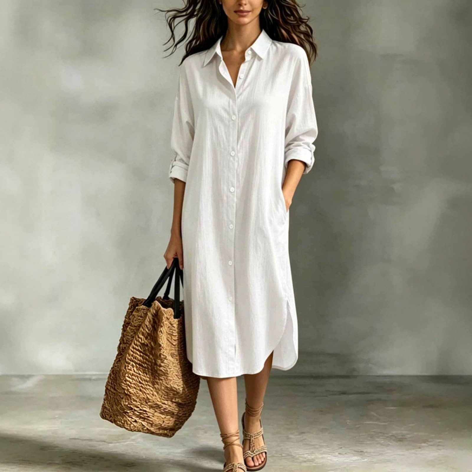 T Shirt Vestido Mujer Vestido Muselina Mujer Camisero Vestido con Bolsillos