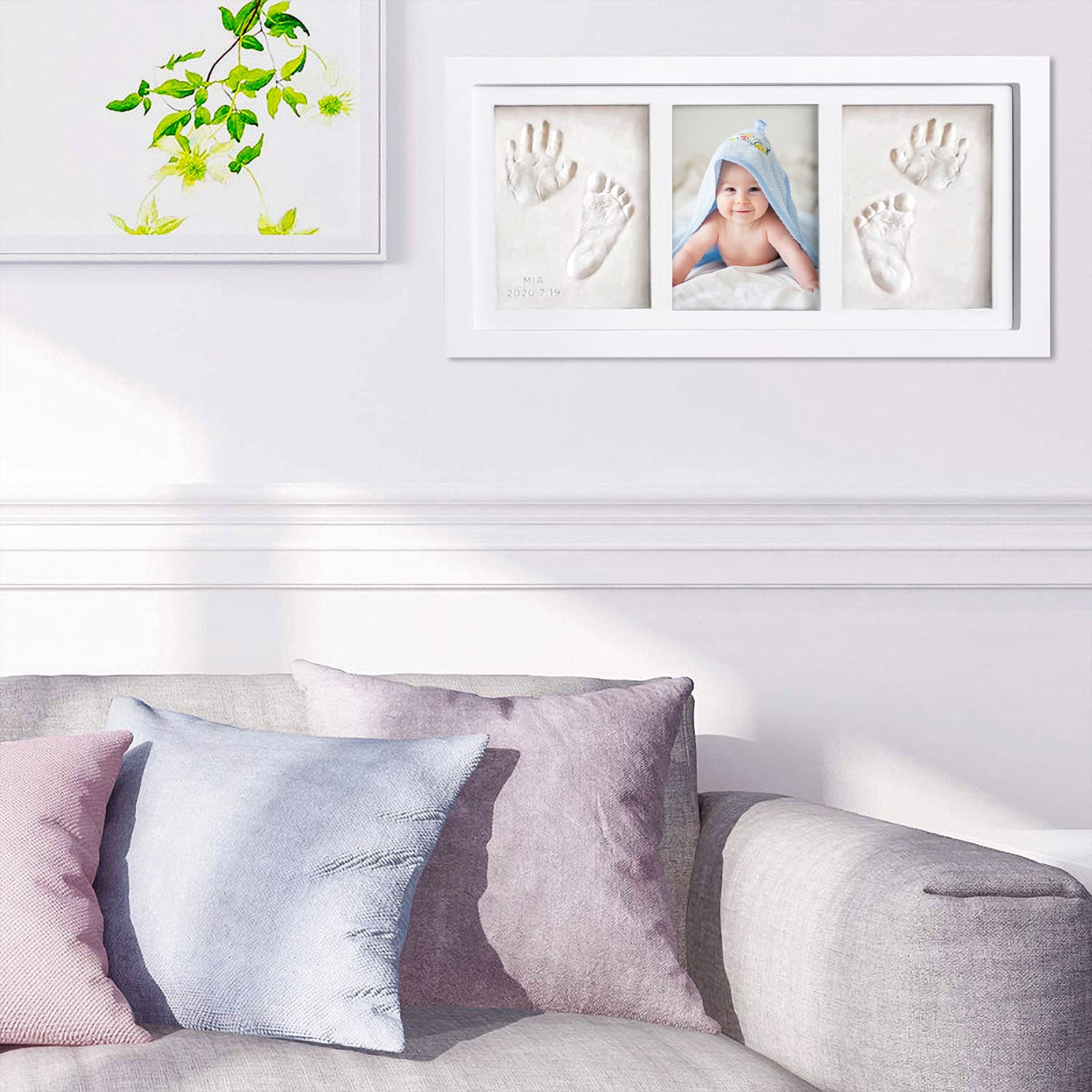 Kit Porta Foto Impronta Mani e Piedi Neonati, Cornice Impronte Neonato con Portafoto Legno e Argilla