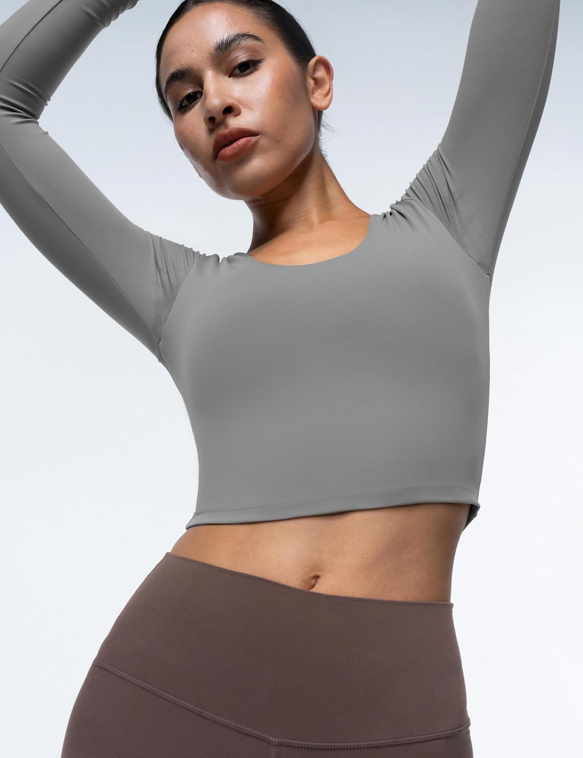 Womens Long Sleeve Shirts Workout Crop Tops Yoga Tee Built in Bra Mild Support Cream Feeling Athletic Top U-Neck - Image 5