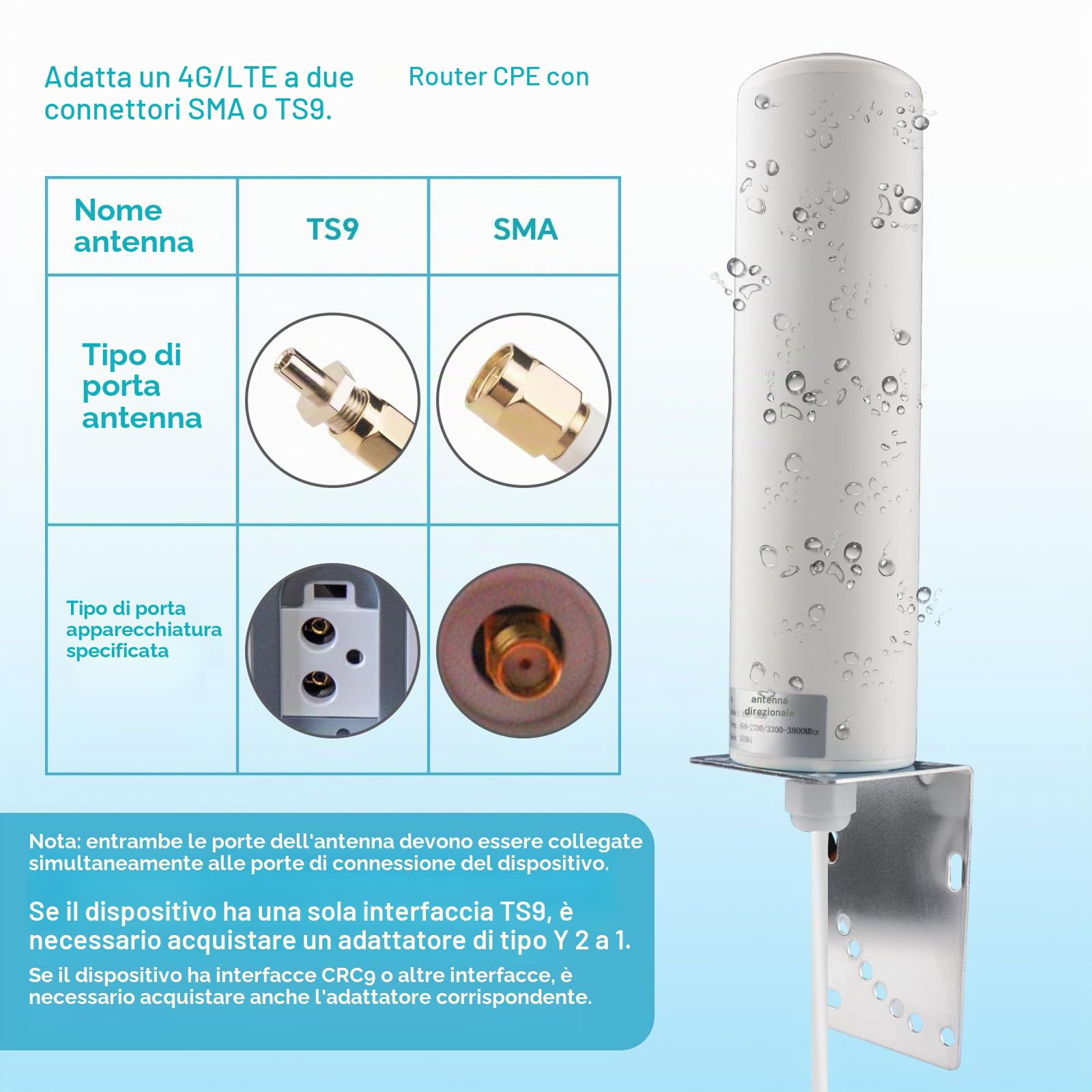 4G 5G LTE Antenna esterna 10dBi SMA TS9 Adattatore 698-2700 3300-3800MHz Antenna WiFi ad alto guadagno esterna BASSA PERDITA Dual SMA maschio 5M RG58 Cavo 4G LTE router omnidirezionale Hotspot