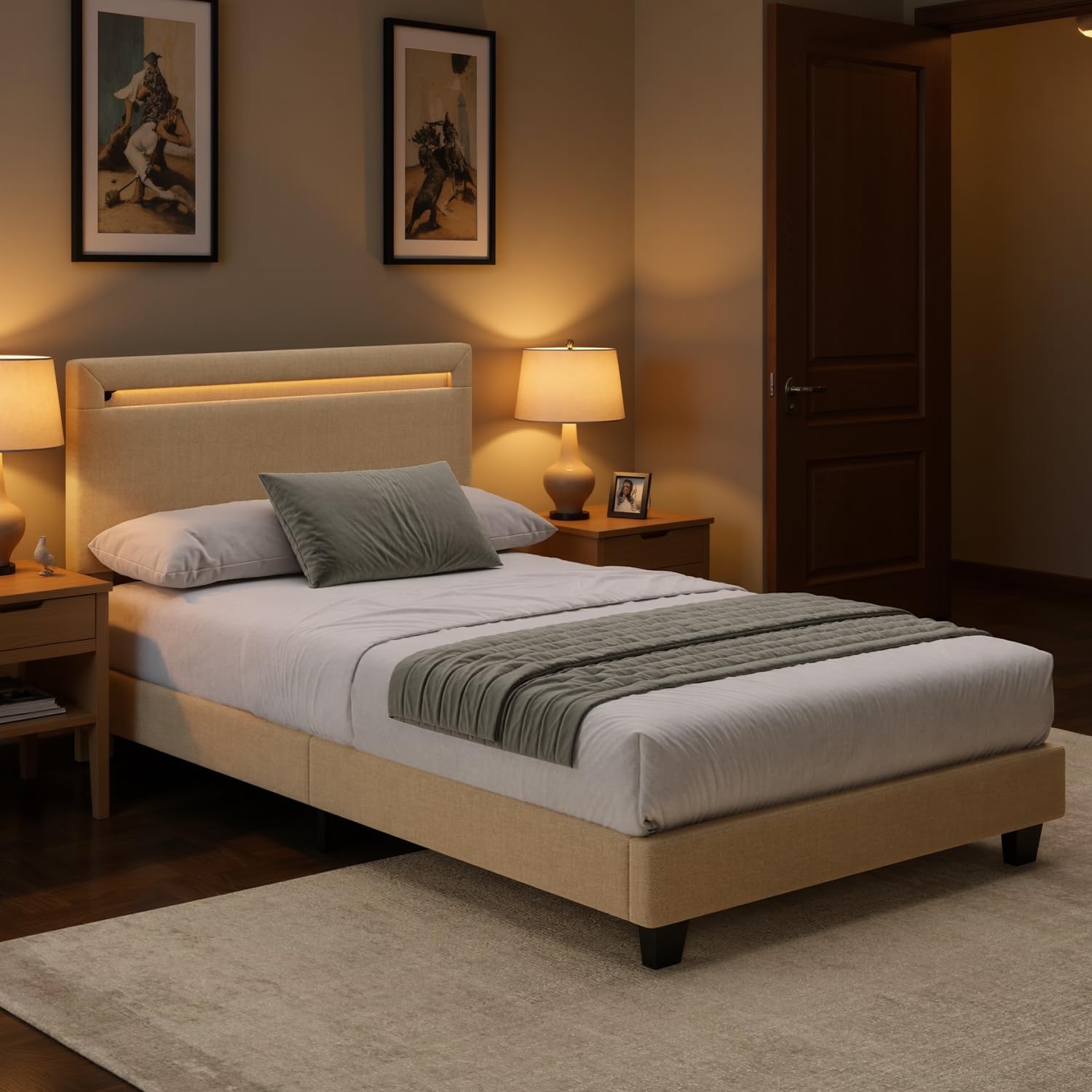 Blishom Łóżko tapicerowane 90x200cm z oświetleniem LED, tapicerowane łóżko platformowe, konstrukcja stalowa, tapicerowany zagłówek, solidna podstawa (Beżowy)