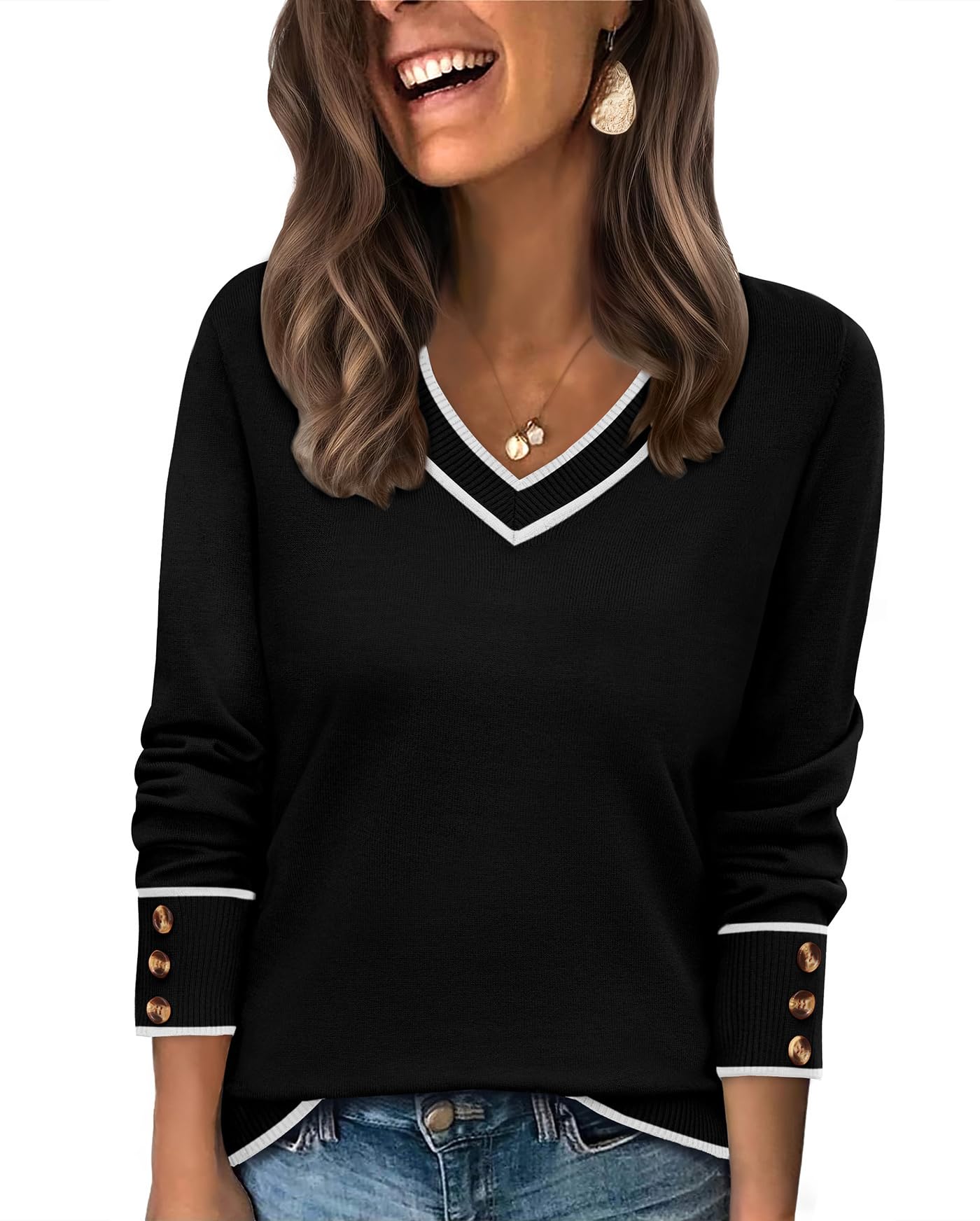 WIHOLL Lightweight Sweaters for Women Long Sleeve V Neck Knit Outfits with Decorative Buttons