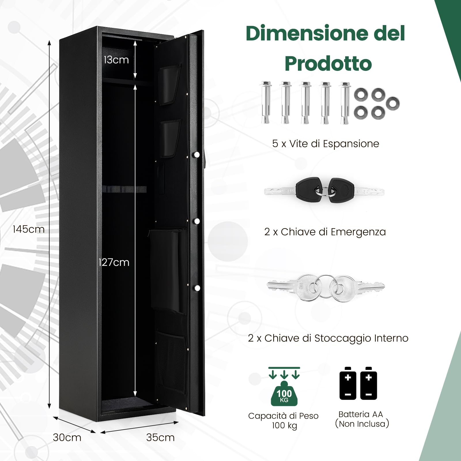 COSTWAY Cassaforte per 5 Fucili e Pistole Domestiche, Armadio per Armi Lunghe Pesante con Serratura Biometrica Impronta Digitale, Tastierino Digitale e Chiavi Emergenza, Tasca di Stoccaggio Integrata