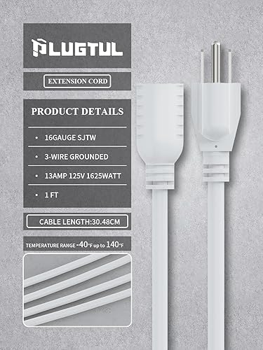Miniatura 2 de PLUGTUL Cable de extensión de 1 pie blanco, paquete de 4 cables de alimentación cortos, para interiores y exteriores, calibre 16, 3 puntas, cable a