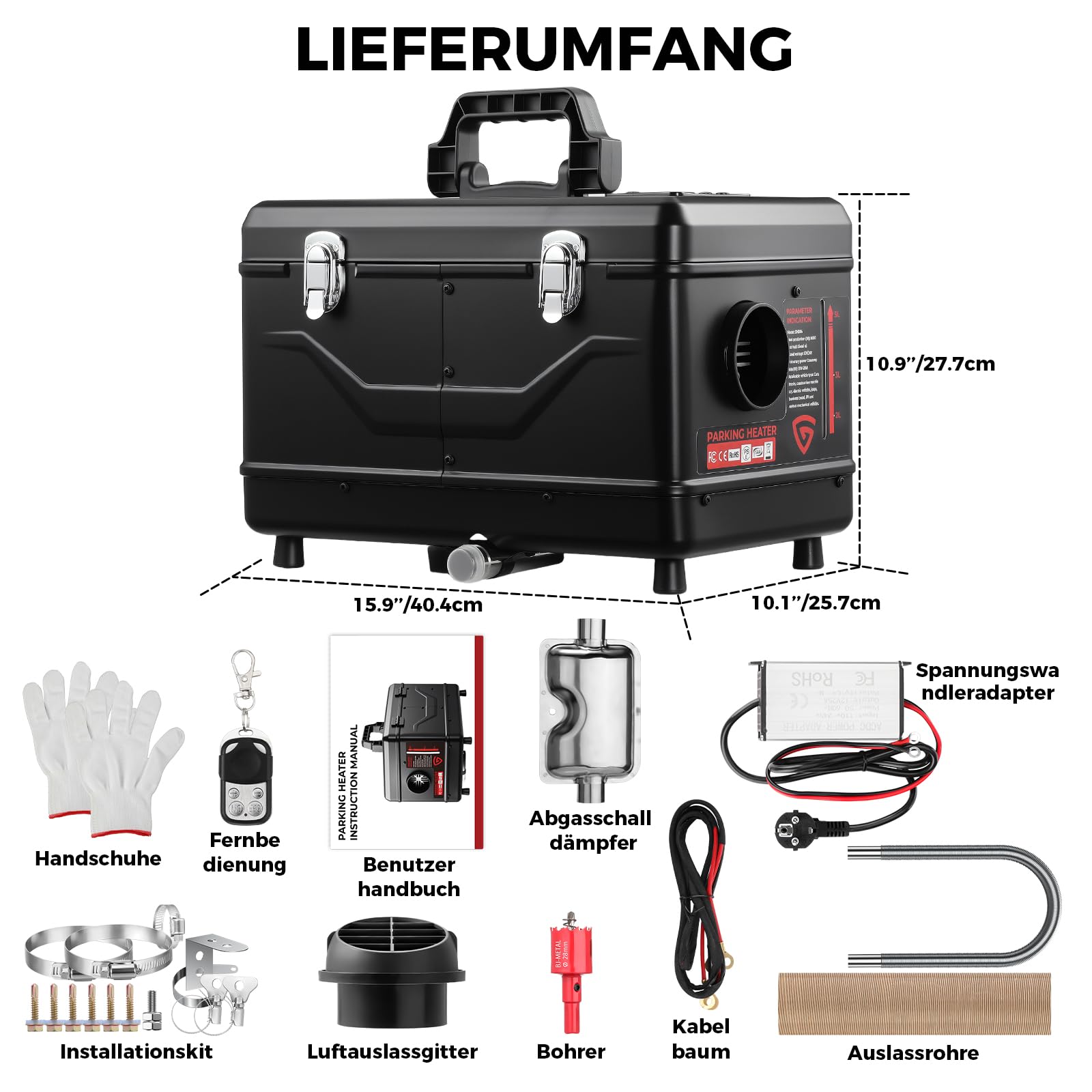 Dieselheizung 220-240V AC & 12/24V DC 8 kW, All-in-One 5L Diesel Standheizung mit Bluetooth APP Fernbedienung und LCD Bildschirm, für Zuhause, Werkstatt, Garage, Wohnmobil, LKW, RV, Boot Schwarz