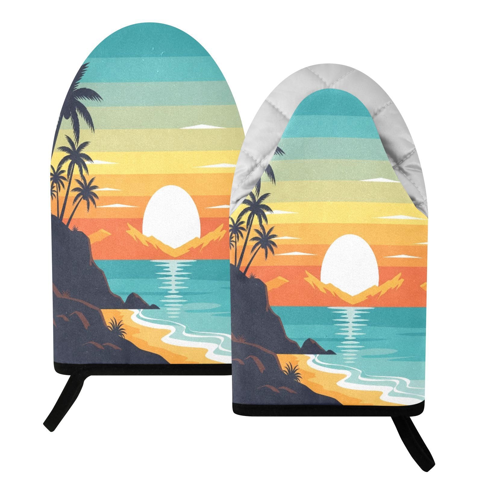 BURSTDDY Seaside Sunset Oven Mitt,Heat Resistant Kitchen Mitts for Cooking
