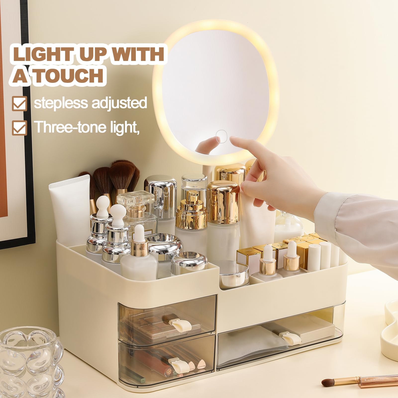DASITON Make up Kosmetik Organizer mit Spiegel, Großer Kosmetik Aufbewahrung mit 3 Schubladen, Makeup Organizers für Schlafzimmer Schminktisch Badezimmer Organizer Schminke Lippenstift Perfume (Creme)