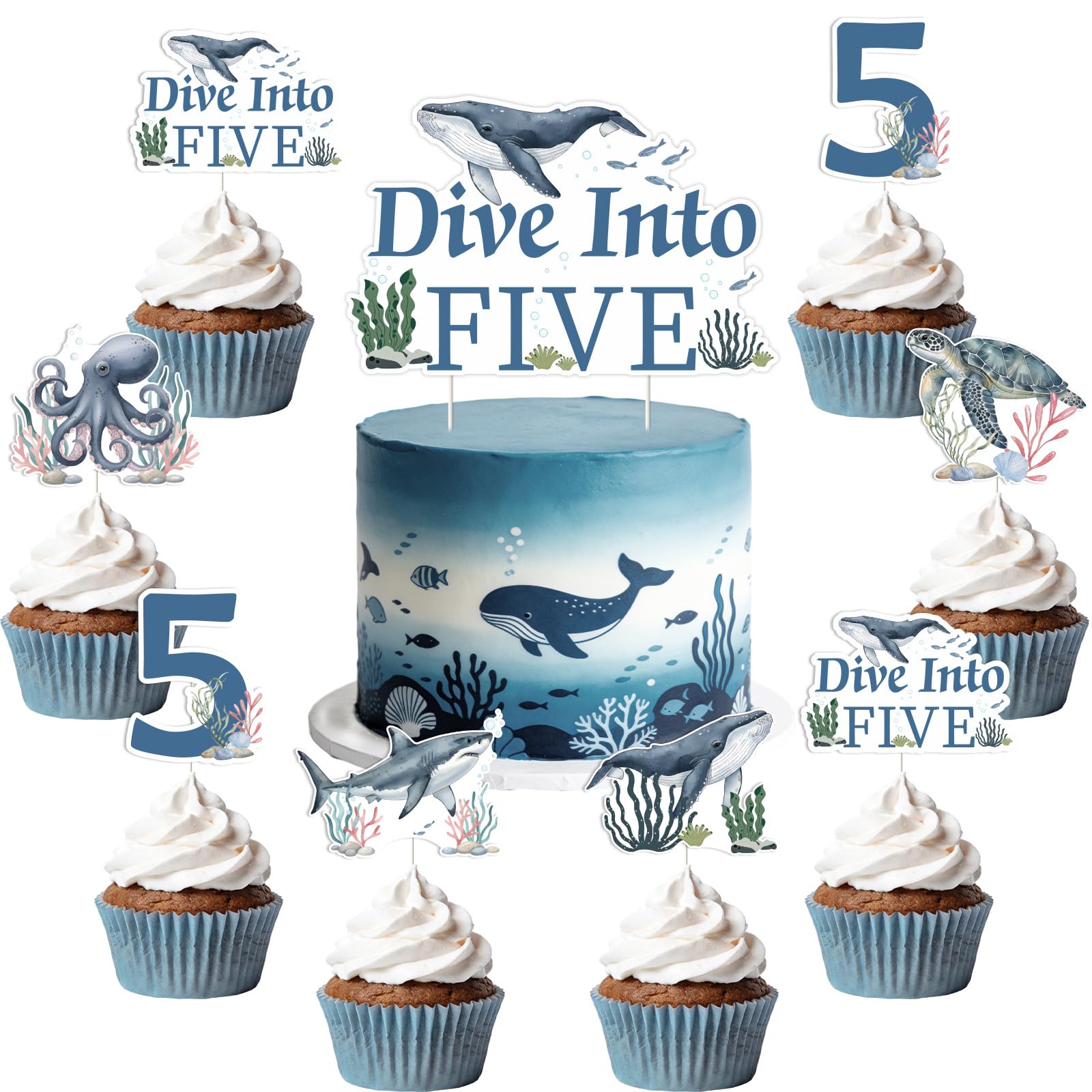 25 Pcs Dive Into Five Birthday Cake Decorations, Ocean Theme 5th Birthday Cake Cupcake Toppers, Double-Sided Shark Turtle Seaweed Picks for Nautical Under the Sea Party Supplies