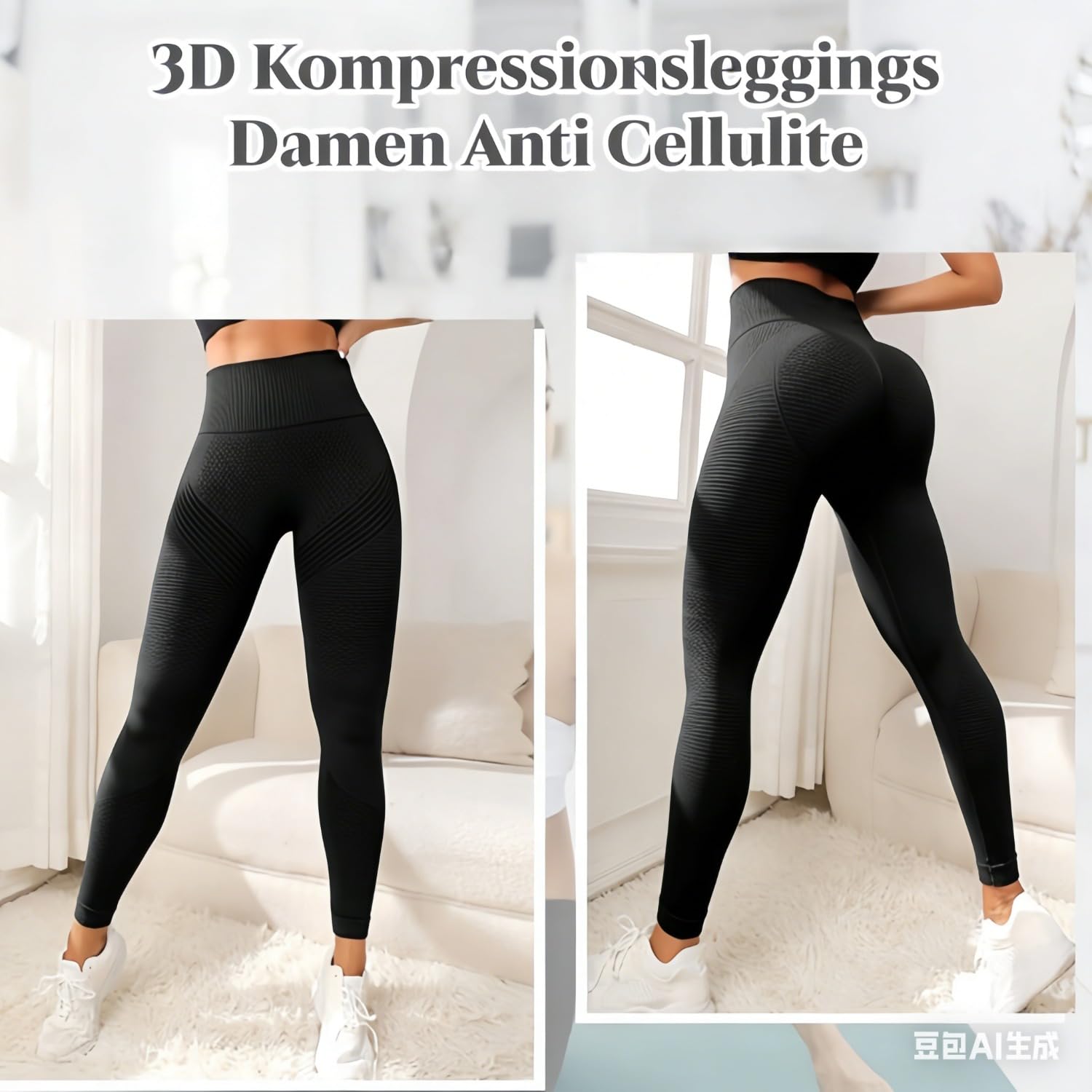 3D Kompressionsleggings Damen Anti Cellulite, High Waist Push Up Leggings für Frauen, Kompression Cellulite Leggings für Yoga Fitness Gym, Blickdichte Lange Sporthose