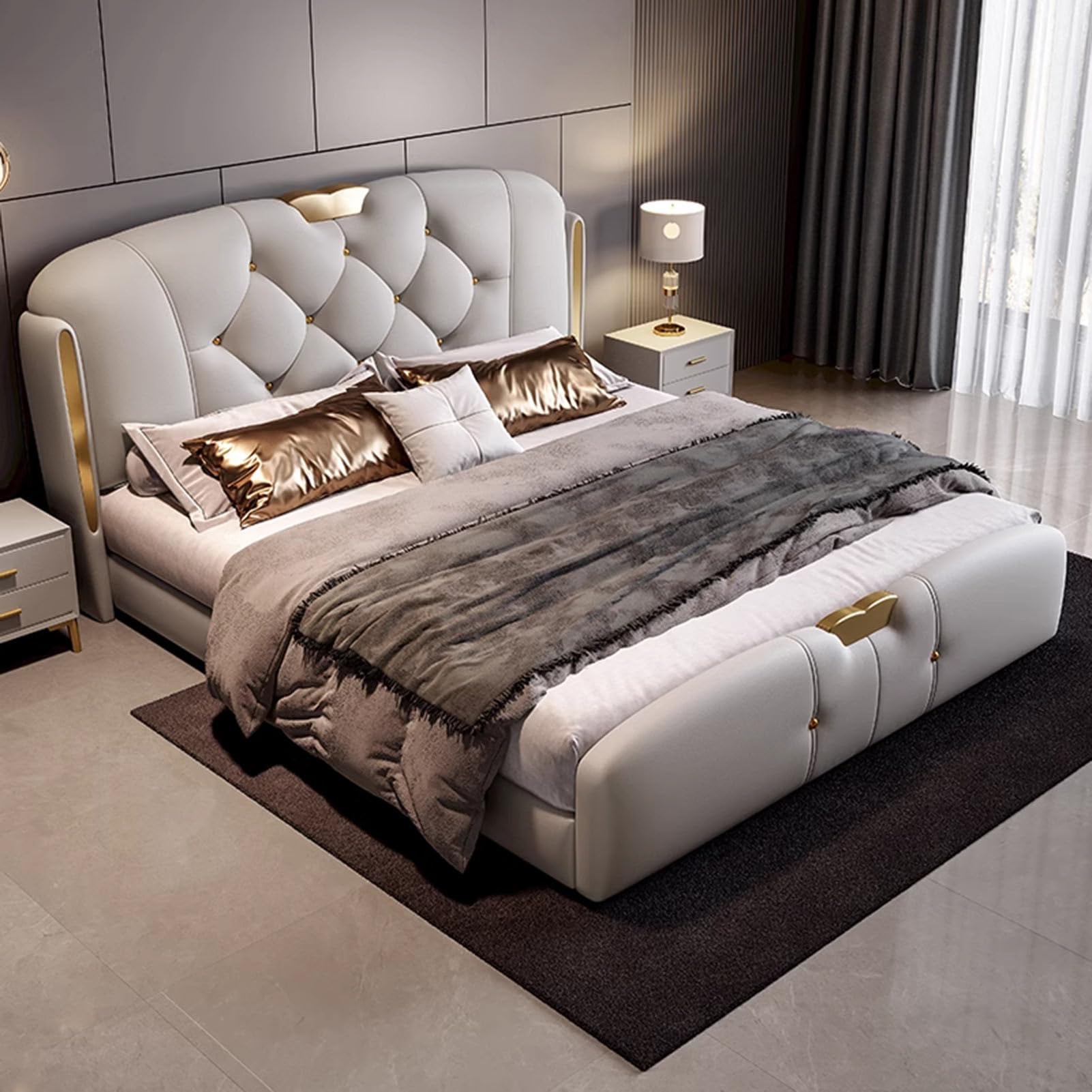 Luxury Modern King Size Genuine Leather Wood Bed Upholstered Platform Bed Frame with Headboard and Lift Up Storage