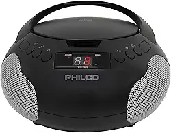 Philco Boombox portátil para leitor de CD com alto-falantes e rádio AM FM | Caixa preta Boom compatível com CD-R/CD-RW e CD de áudio | Entrada auxiliar de 3,5 mm | Som estéreo | Tela LED | Alimentado